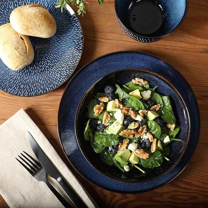 Gibson Elite Matisse 16-Piece Dinnerware Set – Double Bowl Reactive Glaze Cereamic Stoneware in Blue – Plates and Bowls Sets for 4, Microwave & Dishwasher Safe, Rustic Modern Design