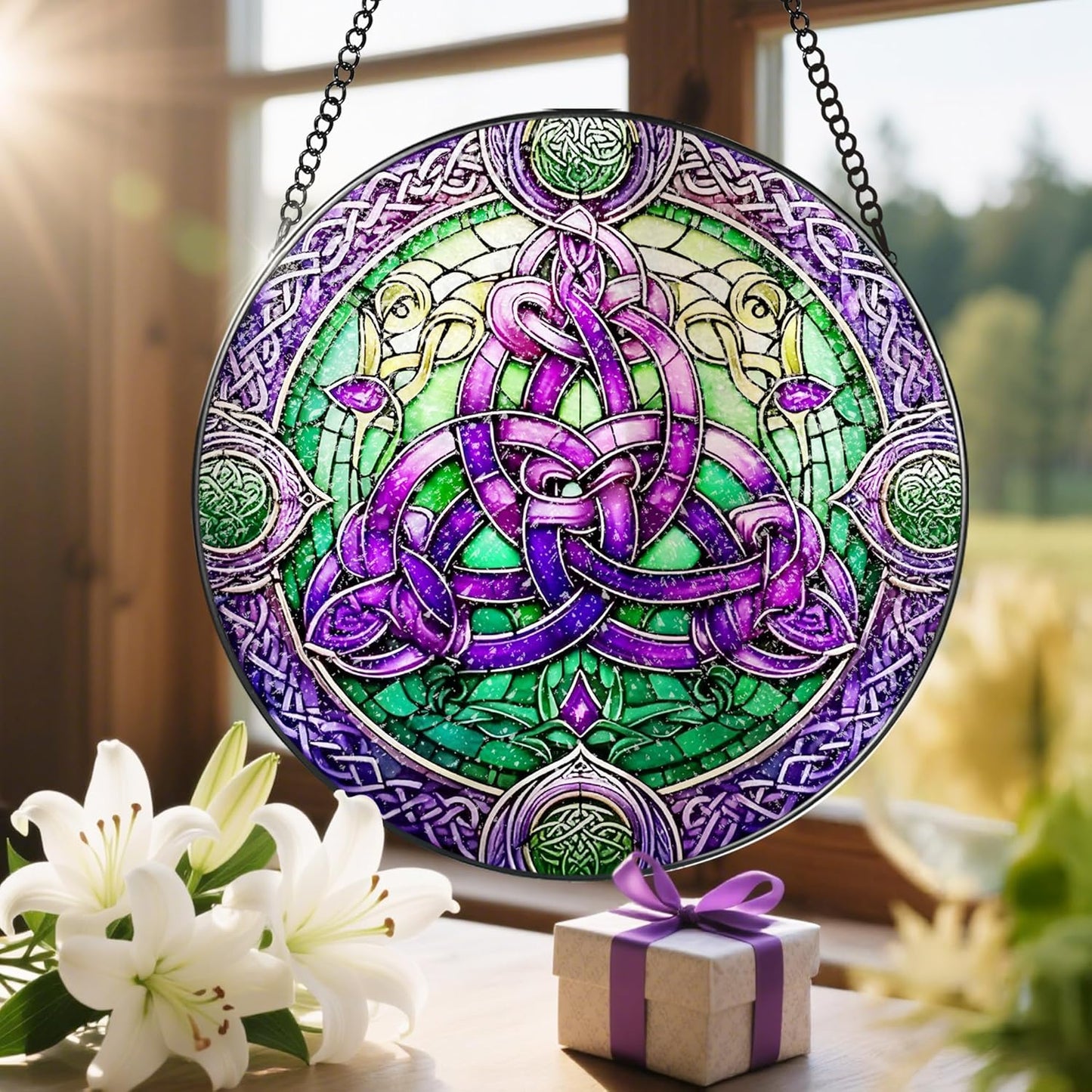 Stained Glass Window Hanging, LAOWEIKI 8'' Celtic Knot Suncatcher, Stained Glass Ornament, Suncatchers for Windows Hanging, Window Decor, Outdoor or Indoor, Gifts for Friends, Women, Art Lover