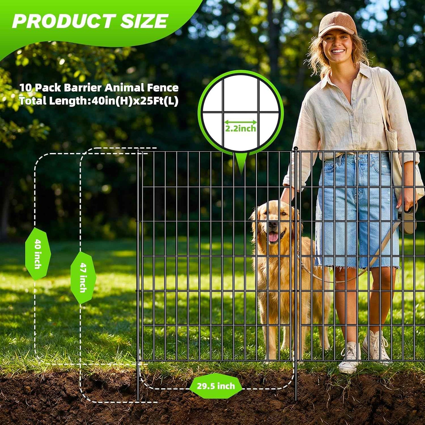 Toolterritary 10 Panels No Dig Decorative Garden Fence with Gate, 40in(H) x 25ft(L), Dog Fence Outdoor for Yard - Rustproof Metal Animal Barrier Fencing for Patio, Flower Bed, Ideal for Dogs, Rabbits
