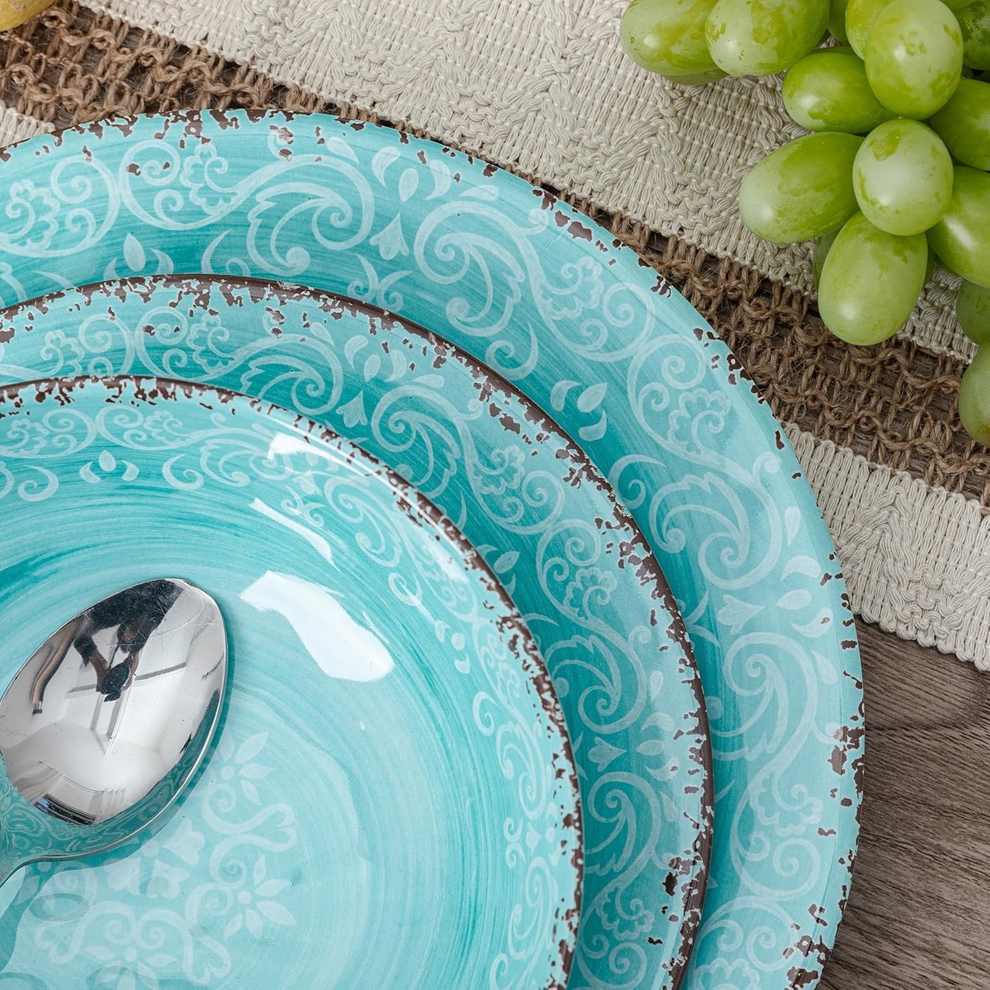 12-Piece Farmhouse Dinnerware Set, set of 4, 100% Melamine Dishes Serving Set with Plates and Bowls, Non-breakable and Lightweight Dinner Set for indoor and outdoor entertaining, Light Teal