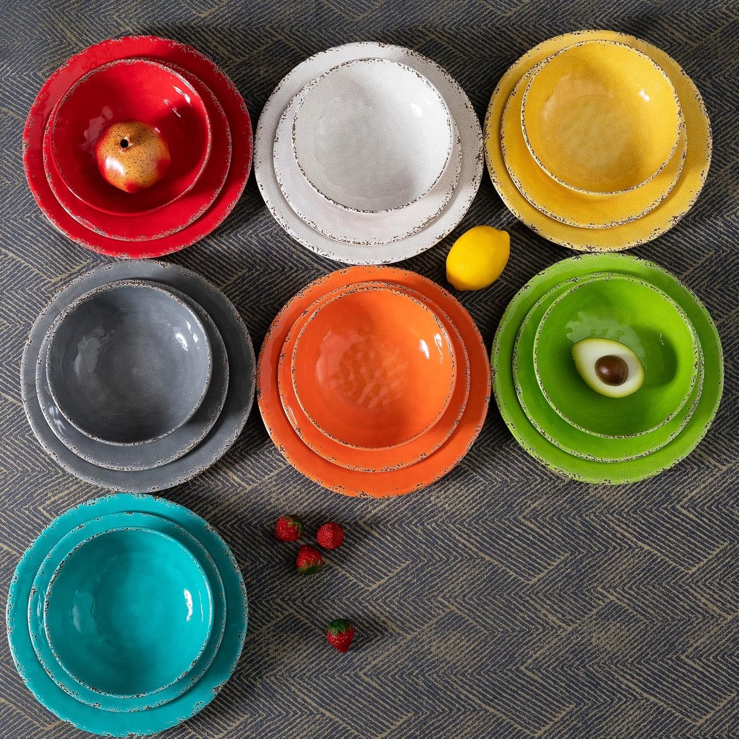 12-Piece Rustic Melamine Dinnerware Set With Dinner Plate, Salad Plate And Large Capacity All Purpose Bowls,Service for 4, Indoor And Outdoor Use, Yellow