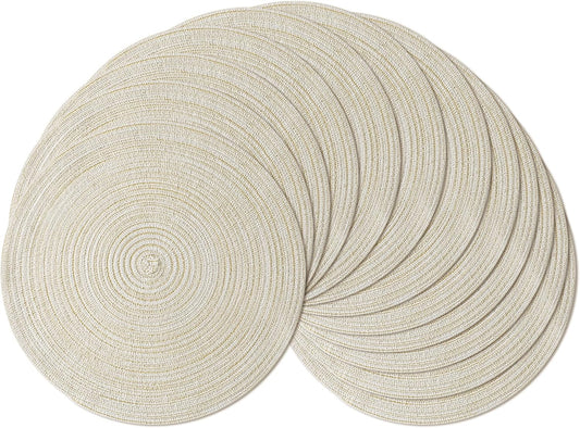 Leetaltree Round Placemats Heat and Slip Resistant Cotton Table Mats, Washable Bohemian Placemats for Dining Tables (White Beige, Set of 8)