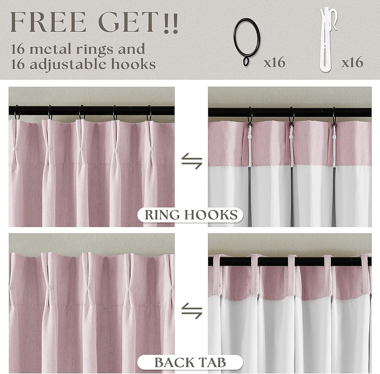 Pale Pink Linen Pinch Pleated Curtains 90 Inches Long Complete Blackout for Girls Bedroom Funky Cute Window Curtains Noise Heat Blocking Heavy Insulated Drapes Baby Pink Dusty Blush for Nursery