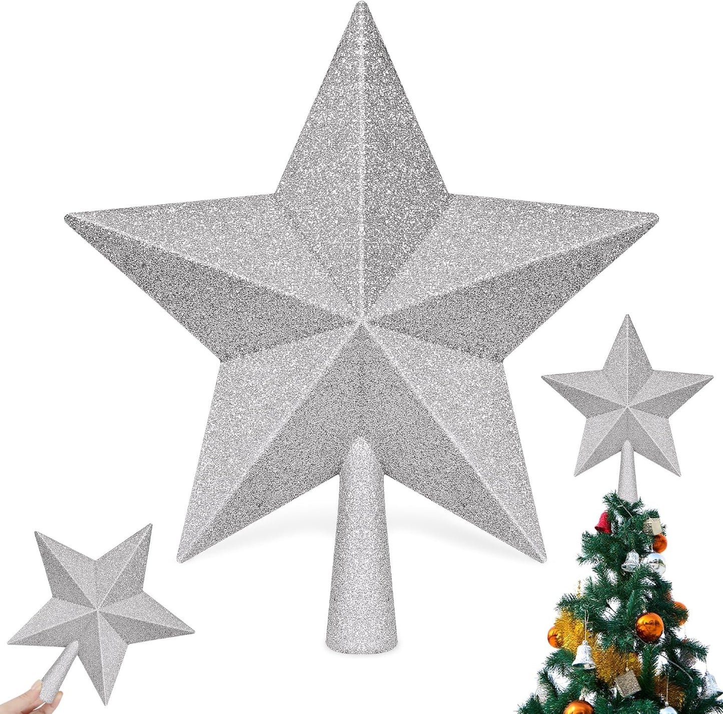 Christmas Tree Decoration, 10" Silver Christmas Tree Topper with Glitter, Large Bethlehem Star Xmas Tree Topper Decor, Waterproof Shatterproof Tree Topper for Christmas Holiday Home Indoor Outdoor