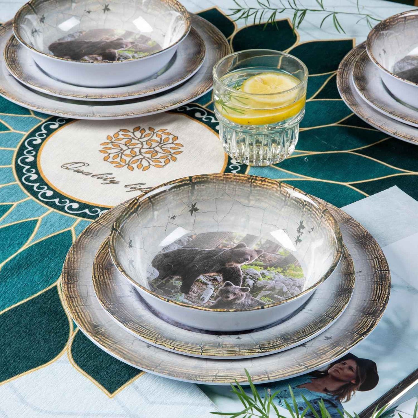 Melamine Dinnerware set for 4 - Dinner Plates Bowls Set 12 PCS Durable BPA Free Dishwasher Safe Shatter-Proof Chip Resistant for Indoor Outdoor,Bear