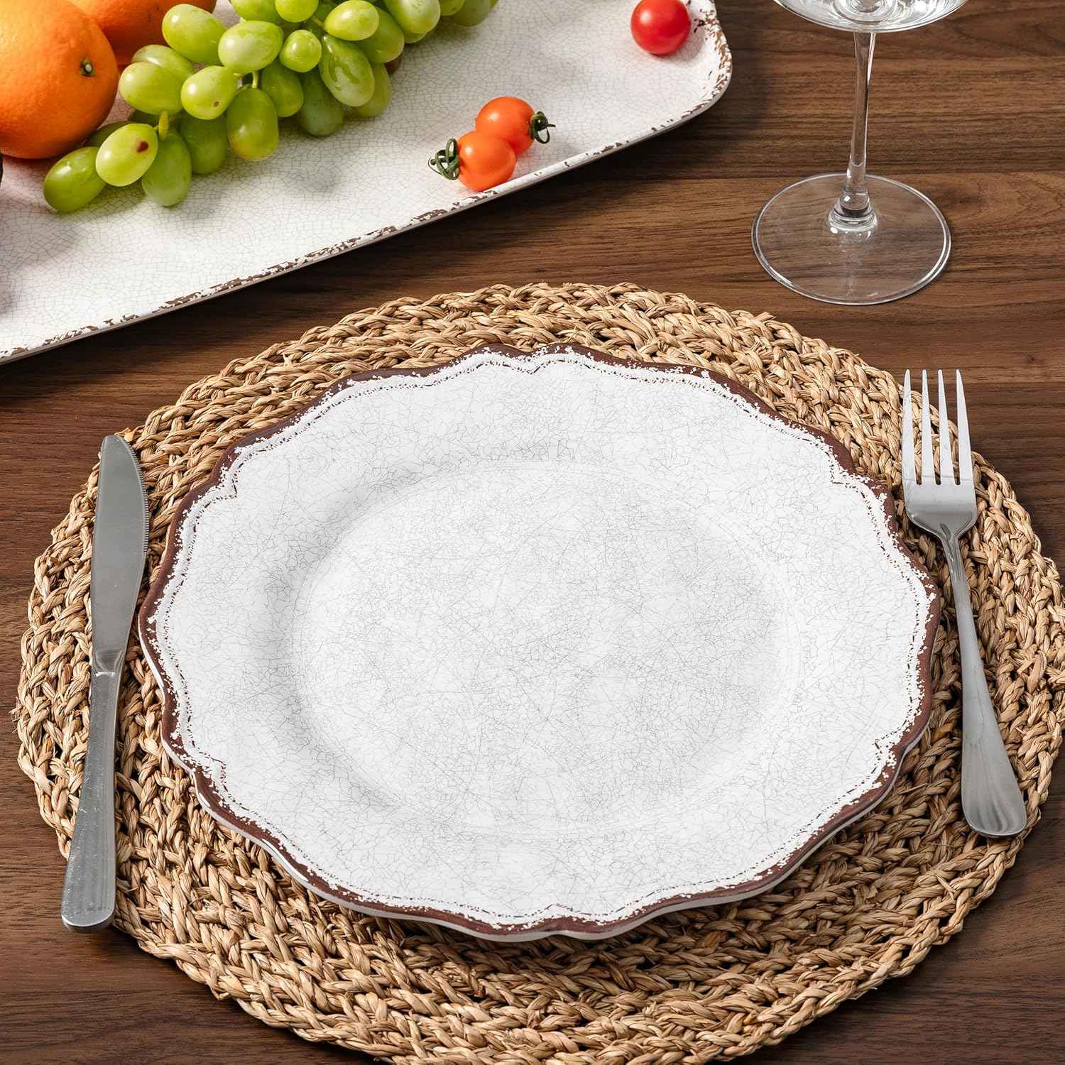 LEHAHA Farmhouse White Melamine Dinnerware Sets, 12 Piece Plates and Bowls Set, Perfect Weight and Unbreakable Camping Dishes Dinnerware Sets, Service for 4, Indoor and Outdoor Use, Dishwasher Safe