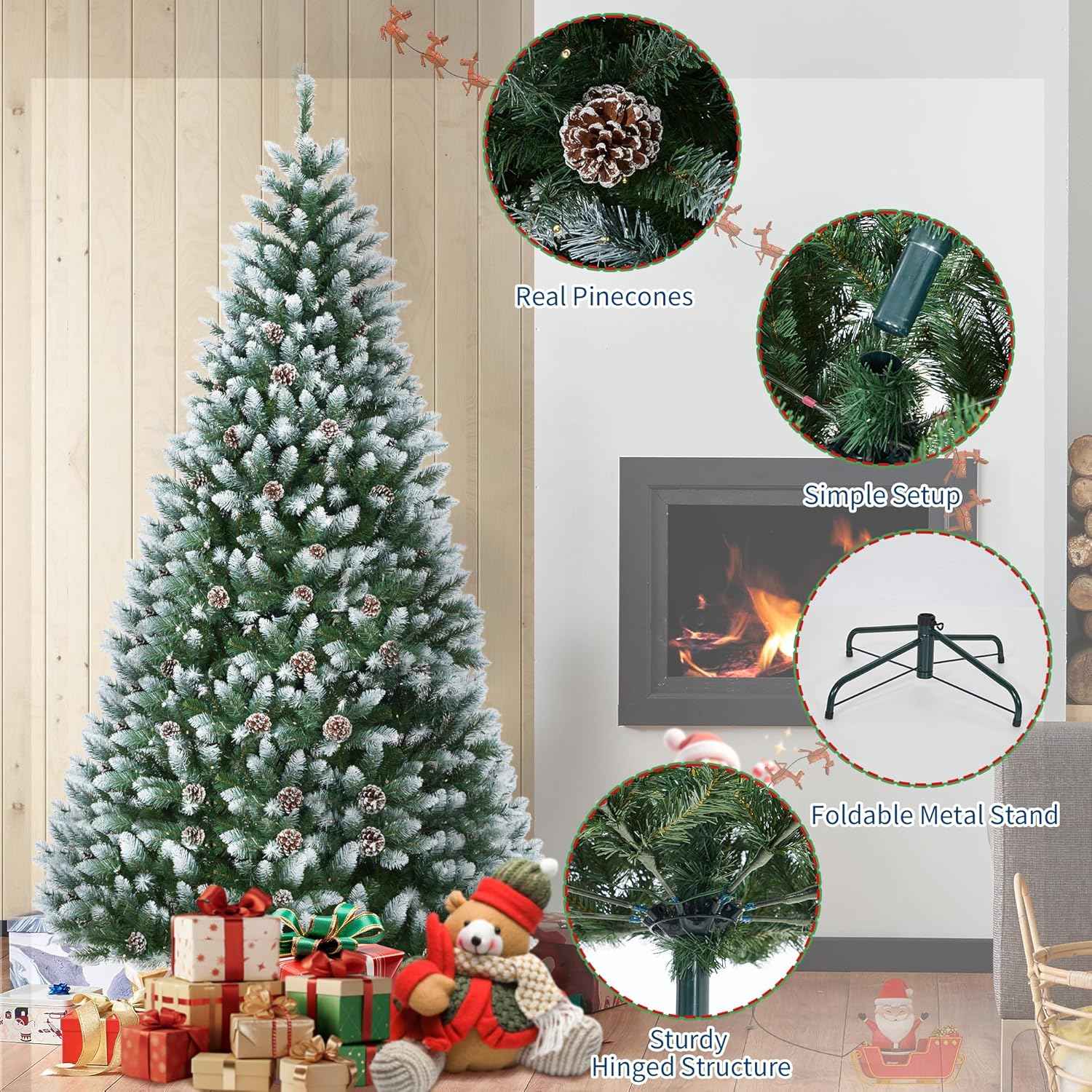 9 ft Christmas Tree, Christmas Decorations with 900 Lights, Pre-lit Artificial Christmas Tree with 1800 Snowy White PVC Branches, Flodable Metal Stand＆Easy Assembly
