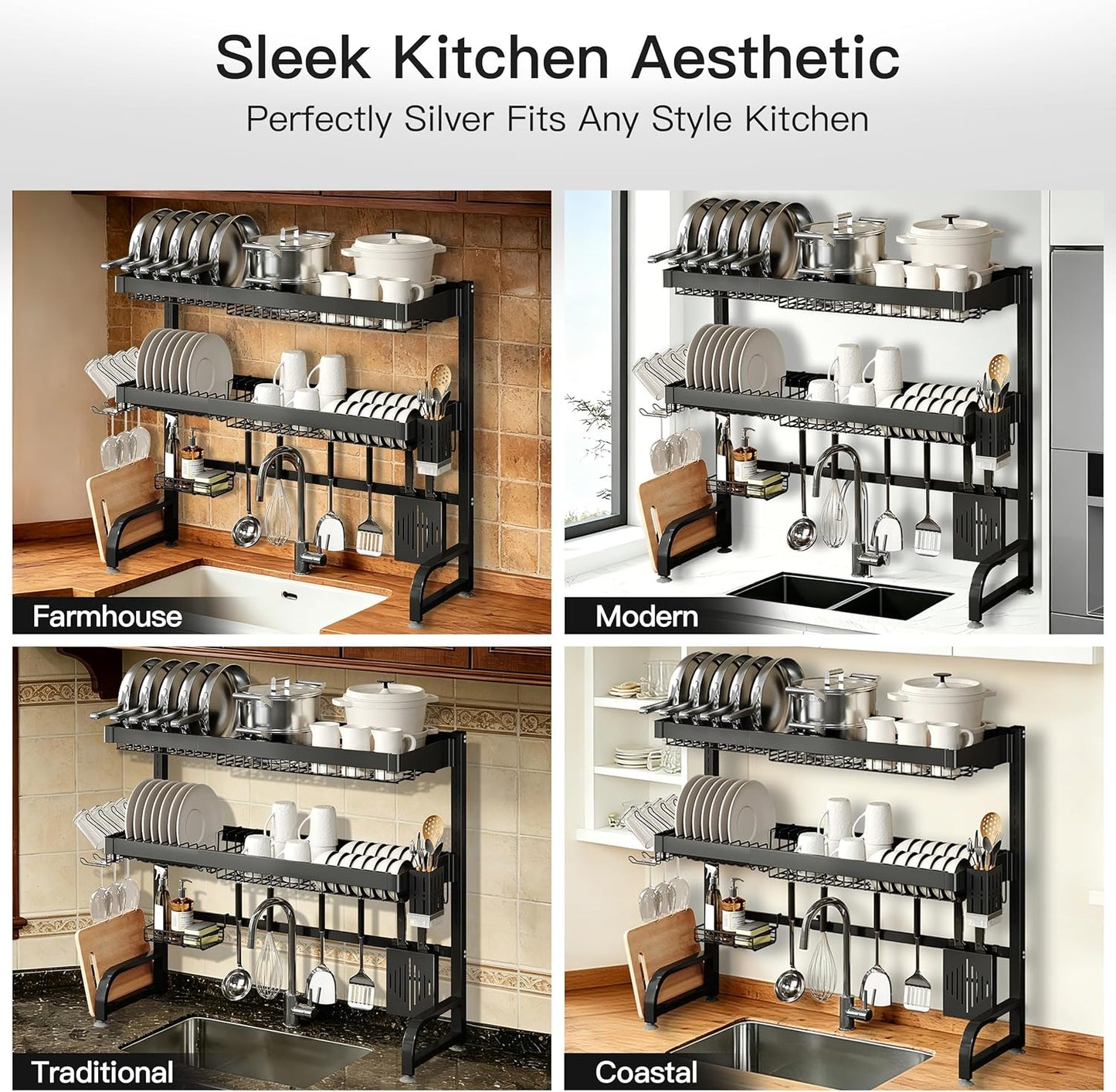 3 Tier Extra Large Stainless Steel Expandable Over The Sink Dish Drainer Drying Rack, Rust Proof Metal, Space Saving, Modern Black Big Capacity Extendable Plate Strainers Above Kitchen Counter