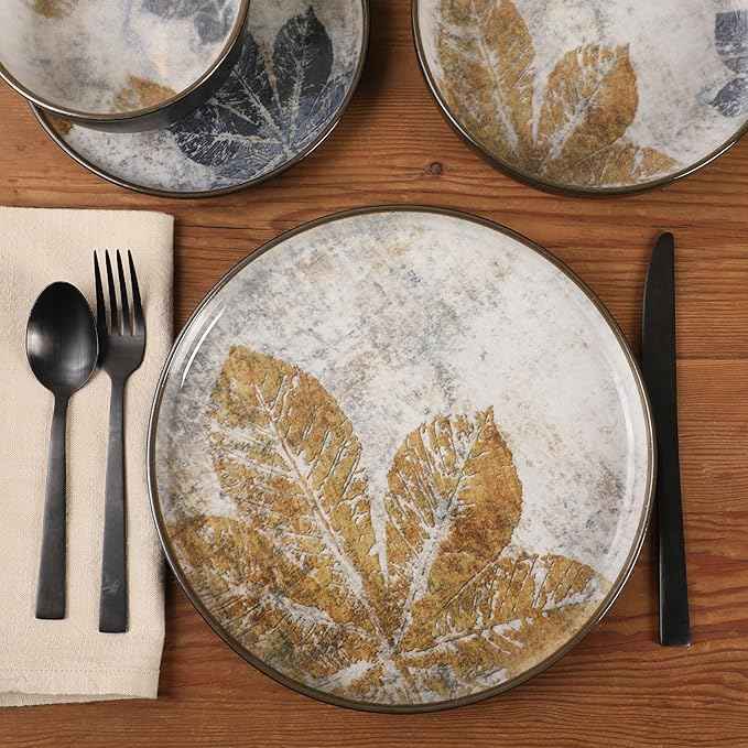 Gibson Elite Chantilly Hill 16-Piece Porcelain Dinnerware Set, Round Plates & Bowls, Multicolor Leaf Design, Microwave & Dishwasher Safe, Service for 4