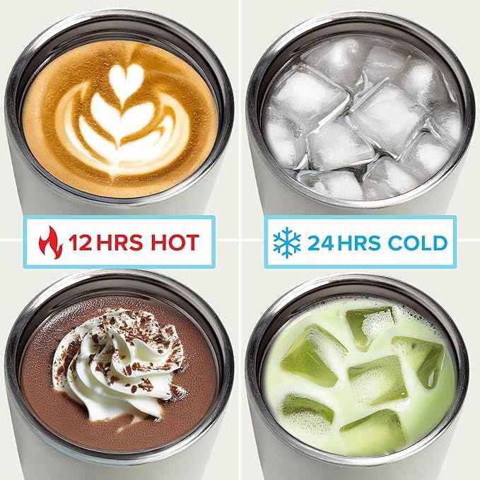 Tasty 12oz Insulated Stainless Steel Push Mug, Leak-Proof Lid with One-Hand Open/Close Button, Travel Coffee Cup, Double Wall Vacuum Flask, Cream