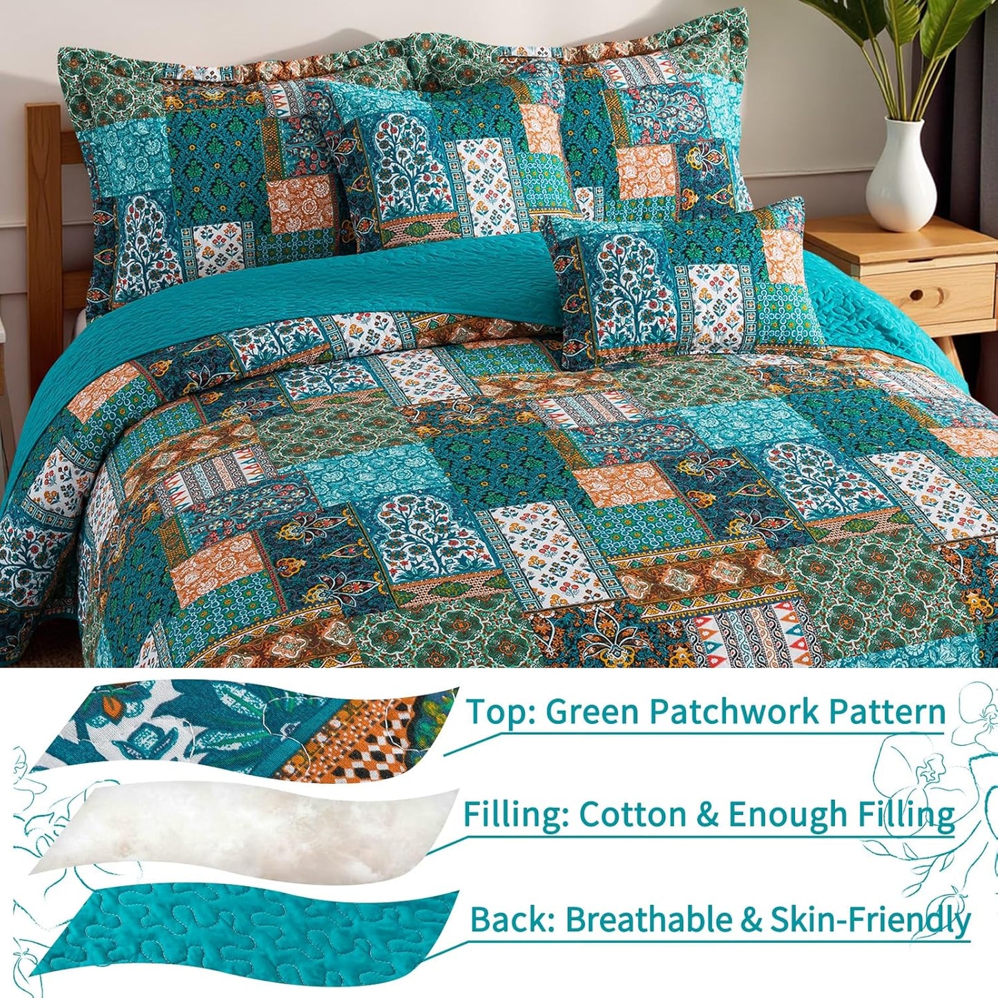 VAPUTAR Cotton King Quilt Size, Floral Patchwork King Bedspread, Lightweight Quilt King Size for All Seasons, Reversible Green Soft Quilt (98 x 106 Inch Quilt + 2 Pillowcases, Pine Green)