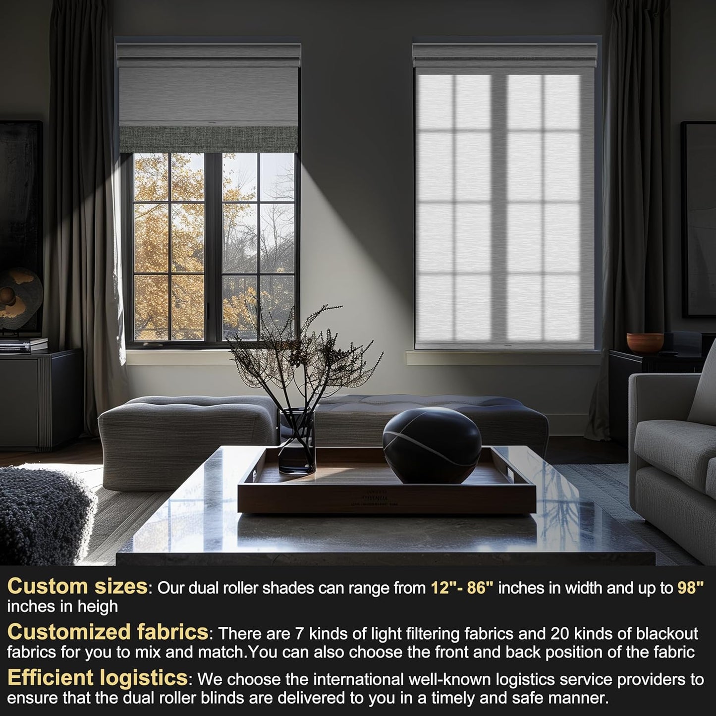 BERISSA Cordless Dual Roller Shades with Cassette Valance, Double Shades - Blackout and Light Filtering, Day and Night for Home Office Door. Linen Grey and White. 39 W x 48" H