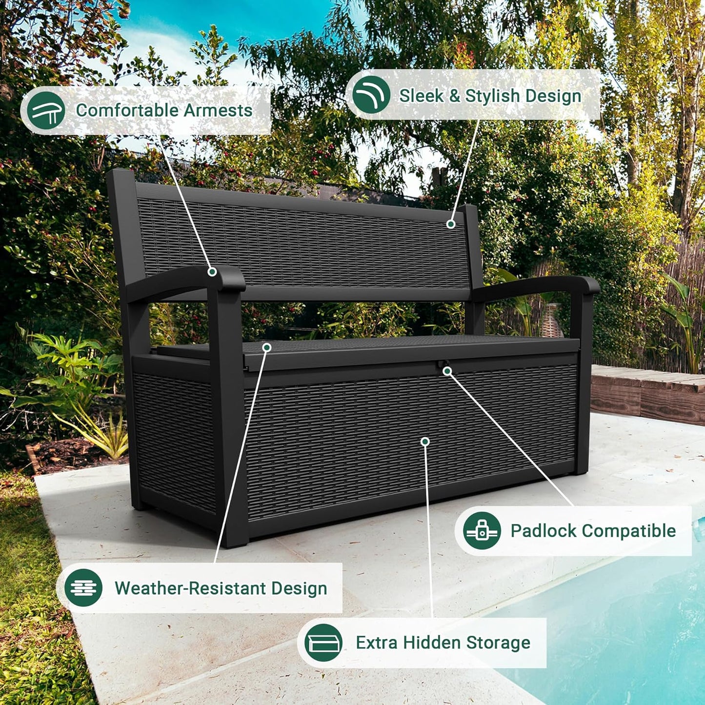 70 Gallon Deck Bench with Storage,Outdoor Storage Box Bench Waterproof&Lockable, Resin Patio Furniture with Armrest for Patio, Porch, Garden,Black