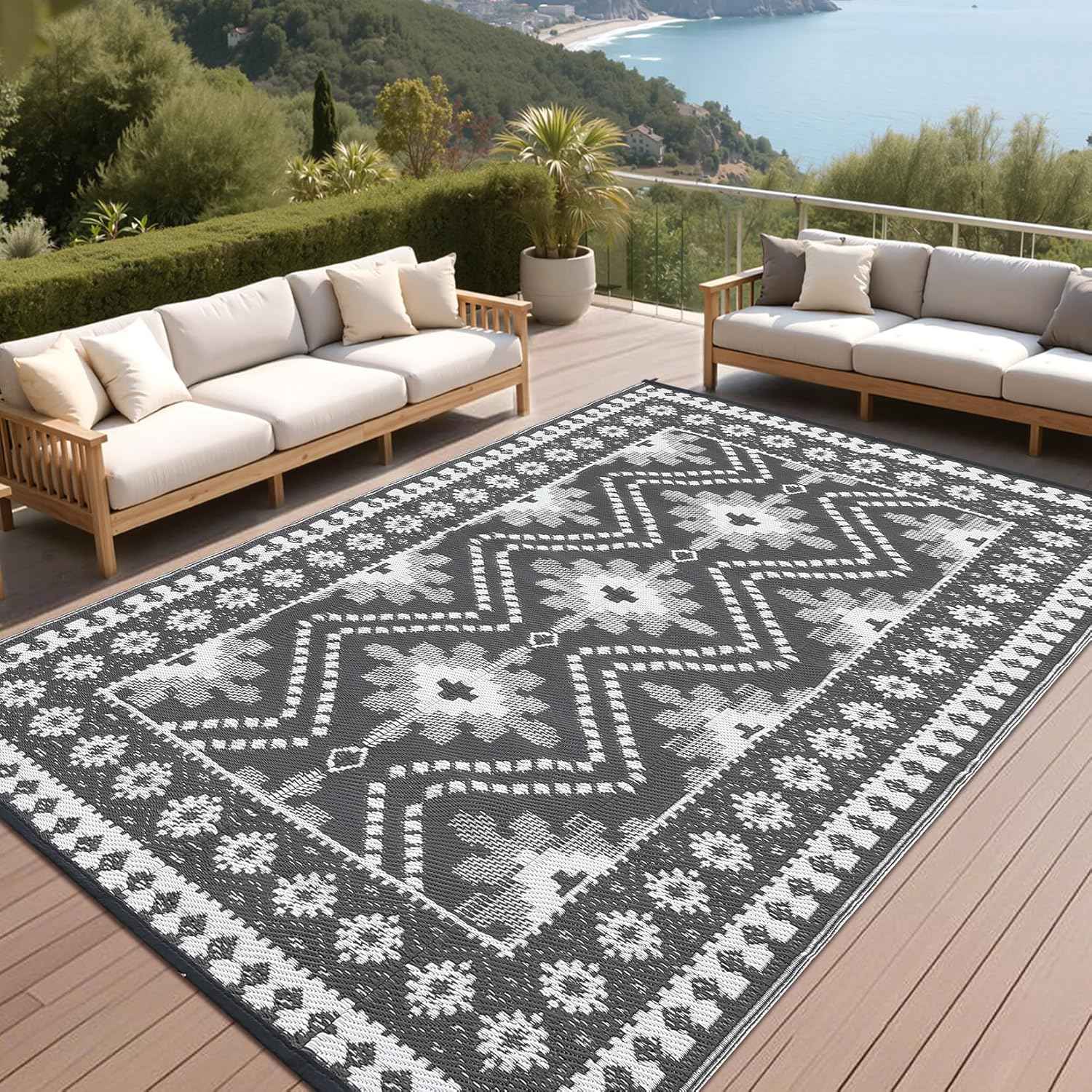 8x10 Gray Outdoor Rug, Waterproof Plastic Straw Reversible Ethnic Geometric Patio Mat, Symmetrical Tribal Pattern Washable RV Camping Carpet, Foldable Portable Deck Rug for Picnic Backyard