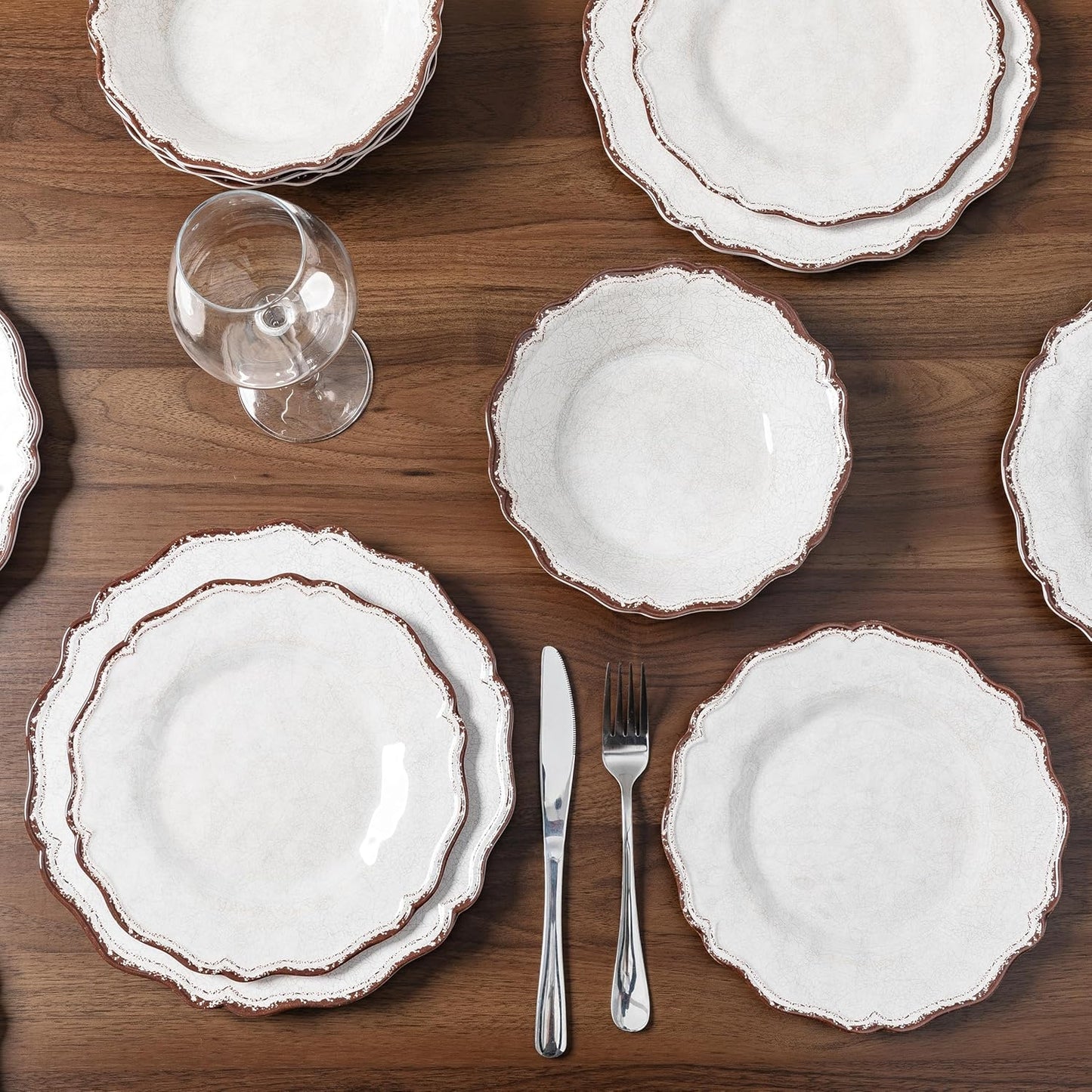 LEHAHA Farmhouse White Melamine Dinnerware Sets, 12 Piece Plates and Bowls Set, Perfect Weight and Unbreakable Camping Dishes Dinnerware Sets, Service for 4, Indoor and Outdoor Use, Dishwasher Safe