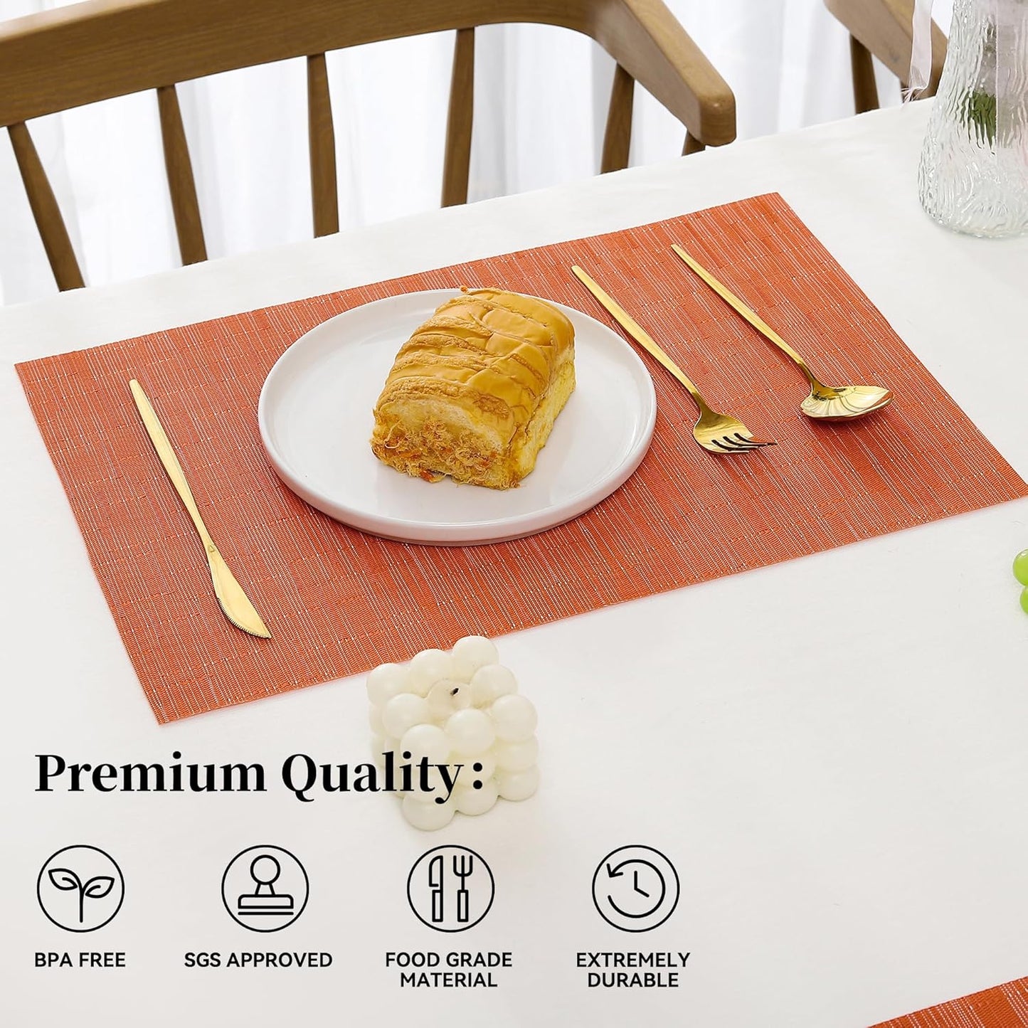 Leetaltree Orange Placemats Set of 8 - Heat Resistant Non-Slip Place mats for Dining Table, Washable Durable PVC Vinyl Woven Table Mats（Orange, 8）