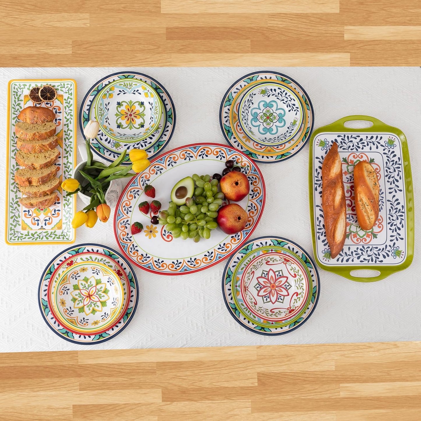 12 pcs Talavera Melamine Dinnerware Set, Service for 4 Melamine Plates and Bowls Set, Unbreakable Dishes Dinnerware Set, Great for RVs, Camping, BPA Free and Dishwasher Safe
