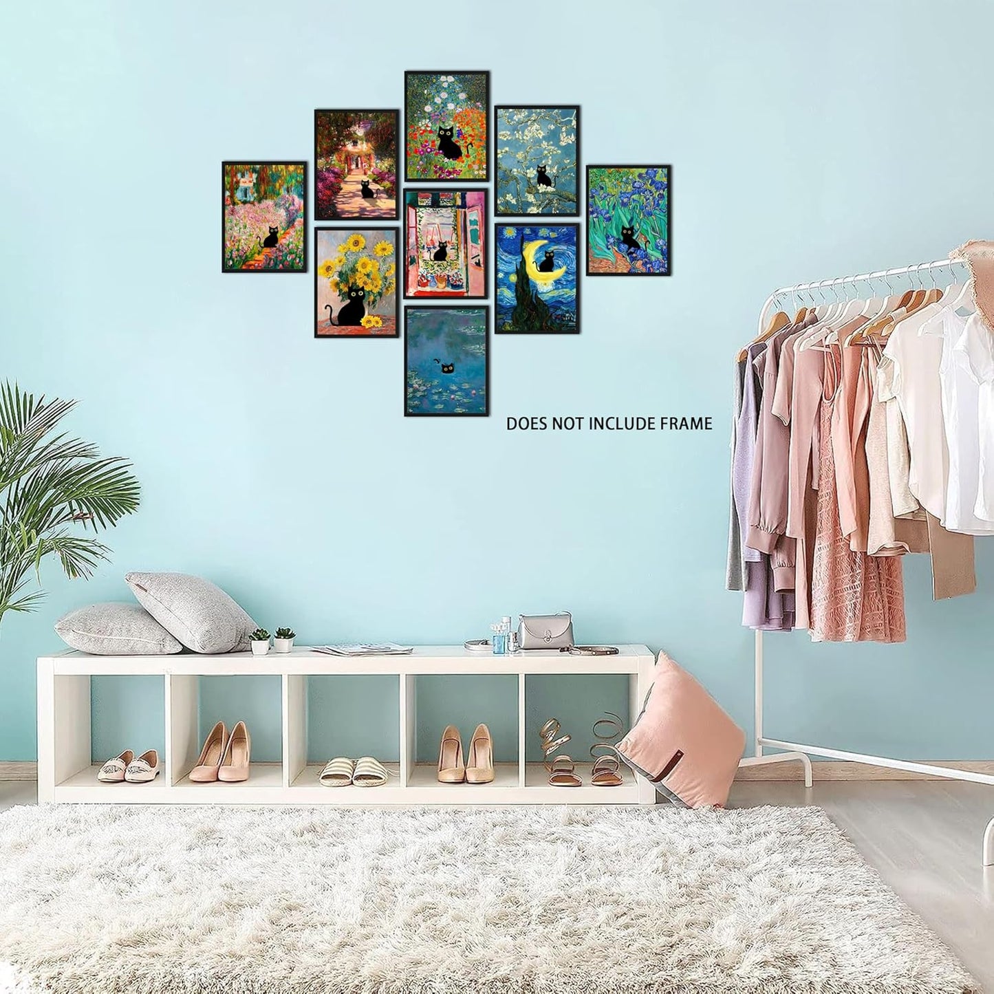 Funny Black Cat Wall Art Set of 9, Cute Cat Animal Posters Prints Pictures, Vintage Monet Floral Famous Aesthetic Wall Decor Painting for Living Room Bathroom Home Decor 8x10 Inch Unframed