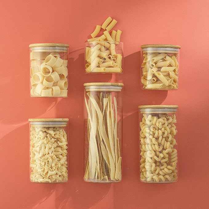 JoyJolt Borosilicate Glass Jars With Bamboo Lids. 6 Pc Set of Air Tight Sealable Containers. Food Jar Canisters with Airtight Lid for Pantry Storage and Kitchen Organization.