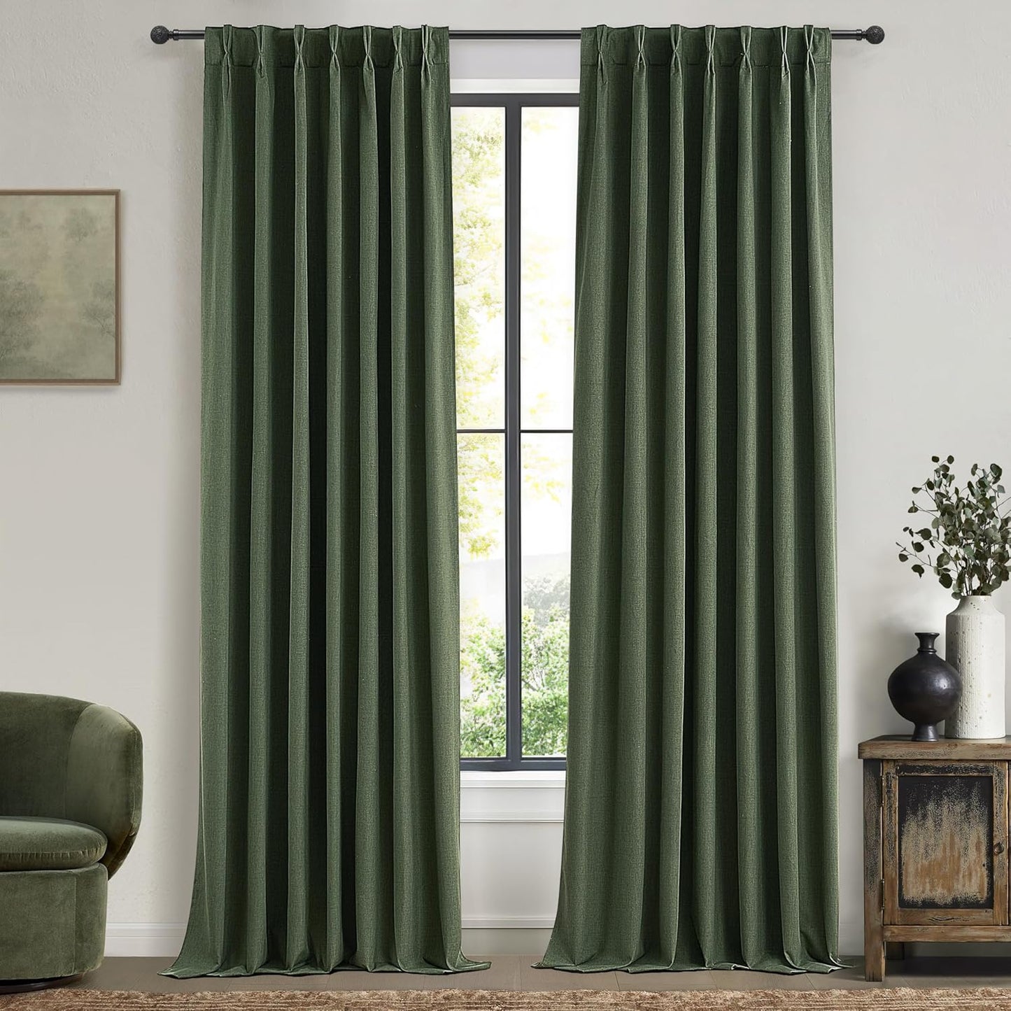 Dark Academia Decor Olive Green Textured Blackout Curtains Panels 108 Inches Lengh Large Window Extra Long Luxury Curtains for Living Room Flax Linen Drapes Pinch Pleated/Back Tab 9FT x2 Panels