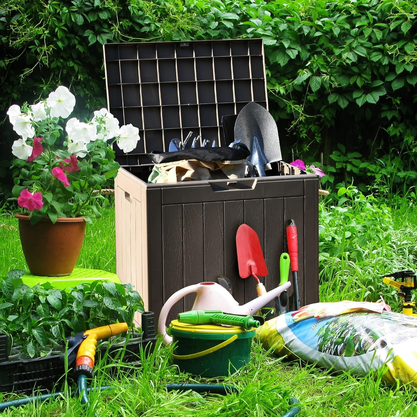 YITAHOME 30 Gallon Deck Box Outdoor Storage Box, Waterproof Resin Package Delivery and Storage Box with Lockable Lid for Patio Furniture Cushions, Pool Accessories, Garden Tools, Brown