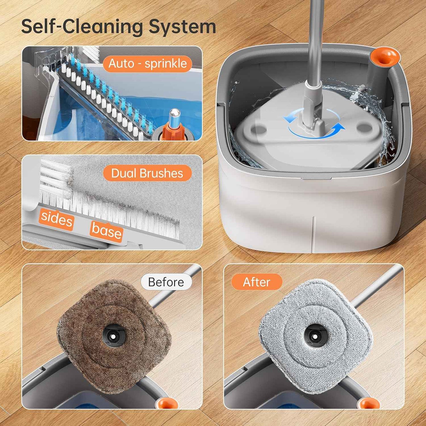 Upgraded Spin Mop and Bucket System Set, Self Separate Clean and Dirty Water, Foldable Square Standing Mop Head with Microfiber Mop Pads, Detachable Bucket (Grey, Mop Set with 6PC Pad)
