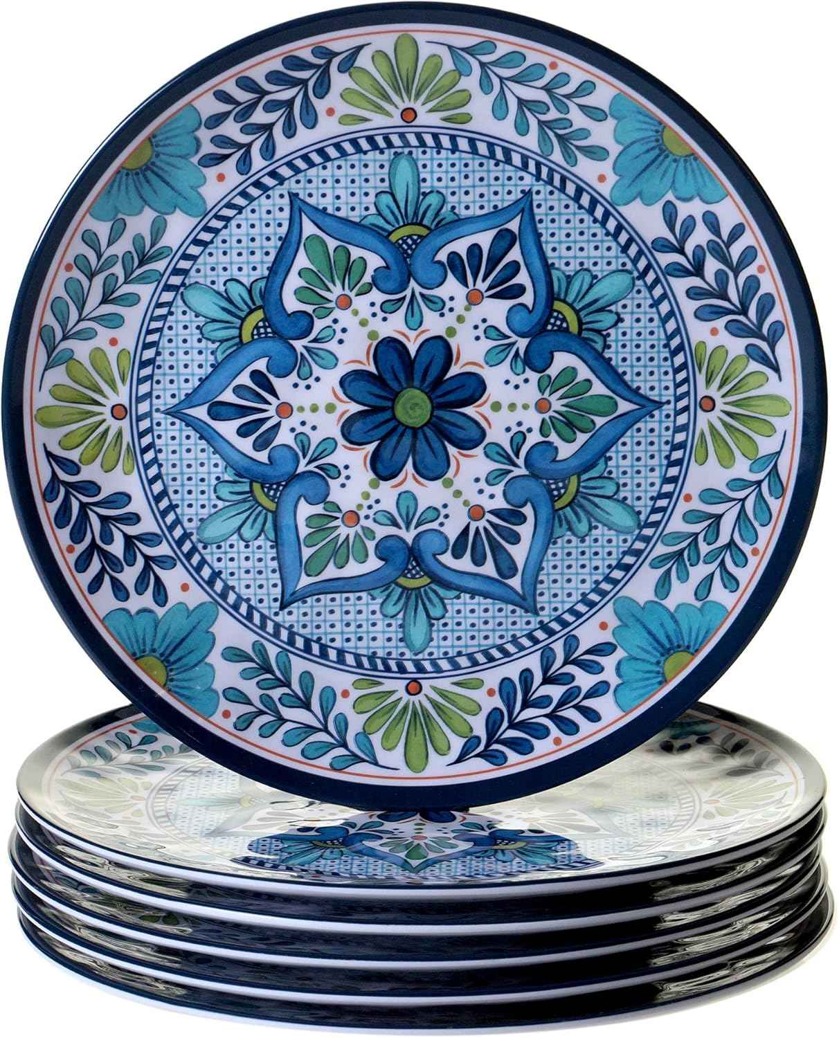 Certified International Talavera 11" Melamine Dinner Plates Feature Vibrant Blue, Green, and Floral Patterns. They are Durable, Lightweight, and Perfect for Indoor and Outdoor Dining, Service for 6.