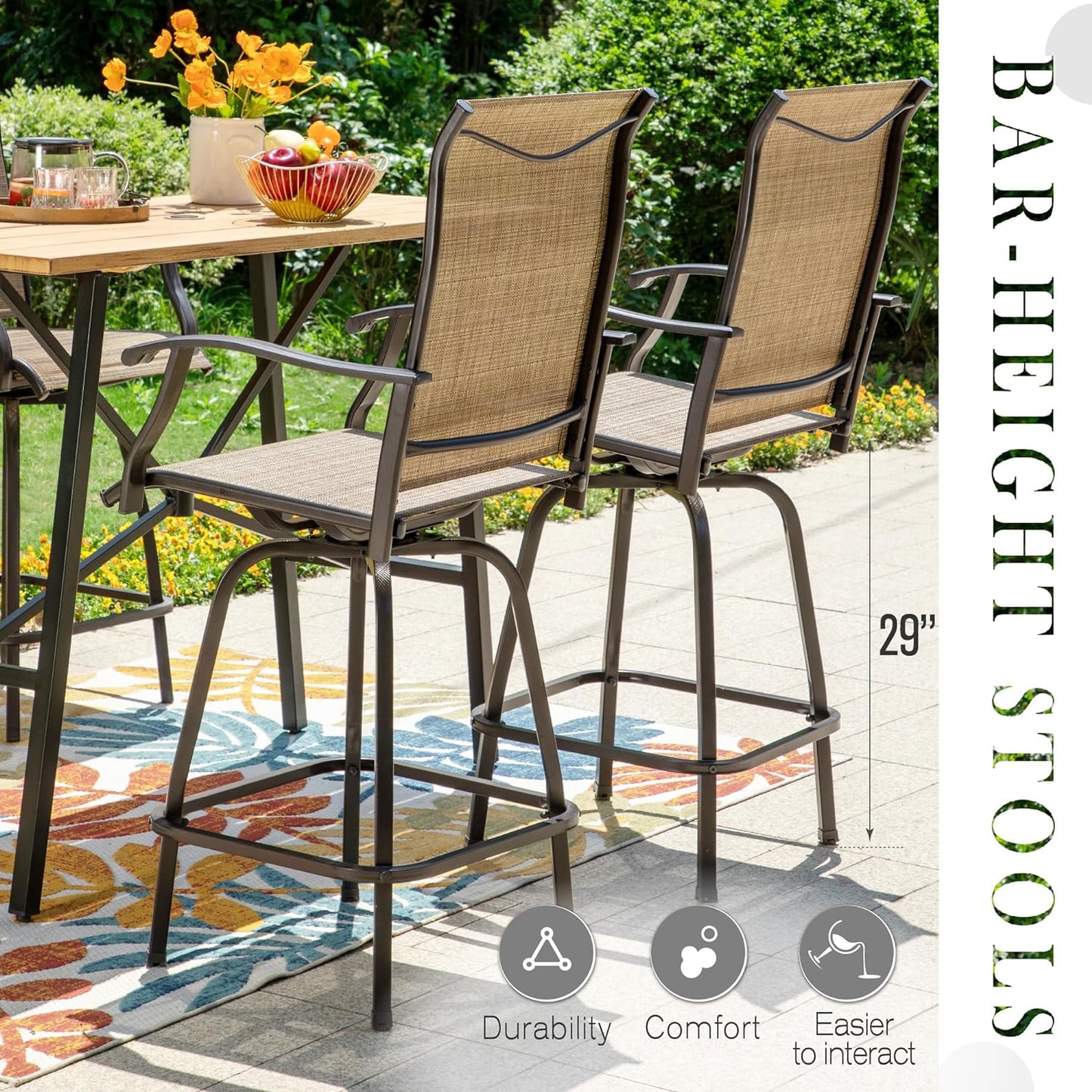 Sophia & William Outdoor Bar Set, Patio Bar Table and Chairs Set, Bar Height Patio Set - 6 x Swivel Bar Chairs(Brown), 1 x Rectangular Bar Table(Black)