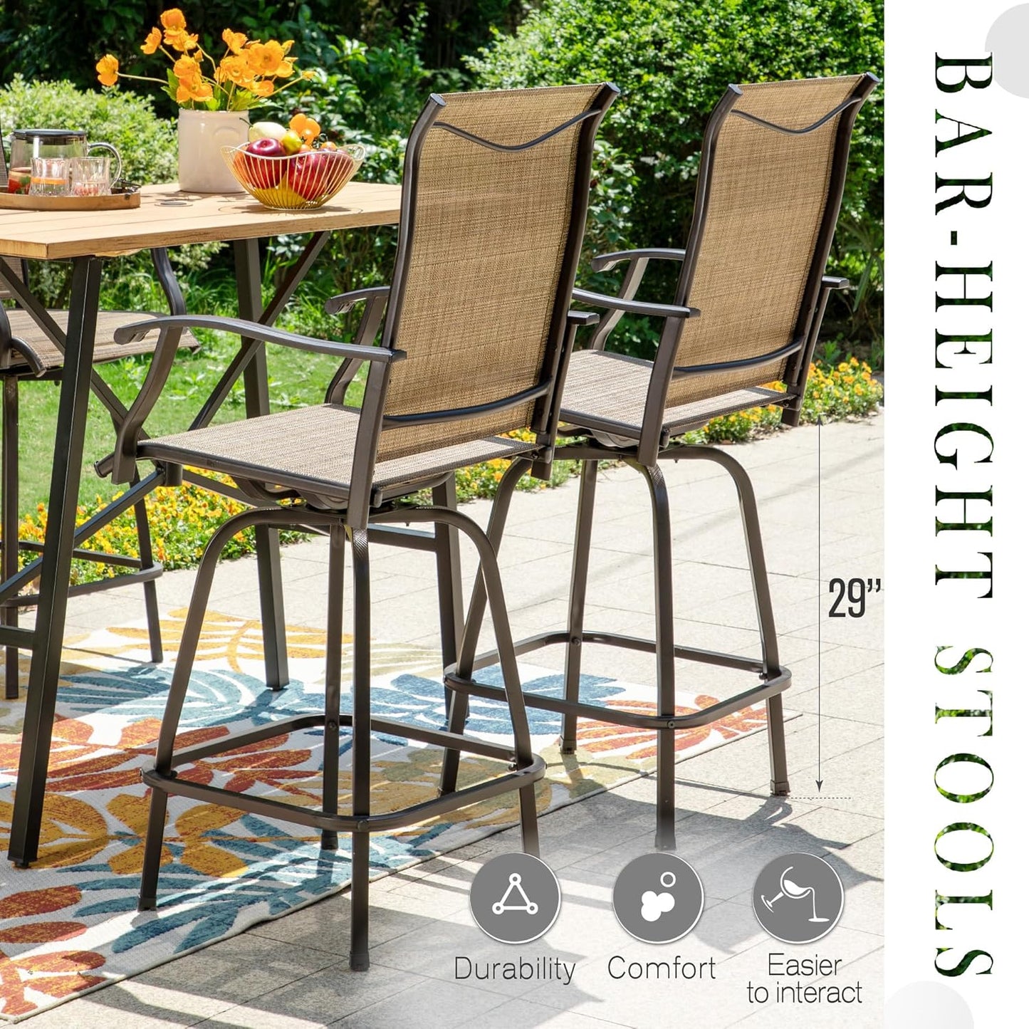 Sophia & William Outdoor Bar Set, Patio Bar Table & Chairs Set, Bar Height Patio Set - 2 x Swivel Bar Chairs(Brown), 1 x Square Bar Table(Wood-Like)