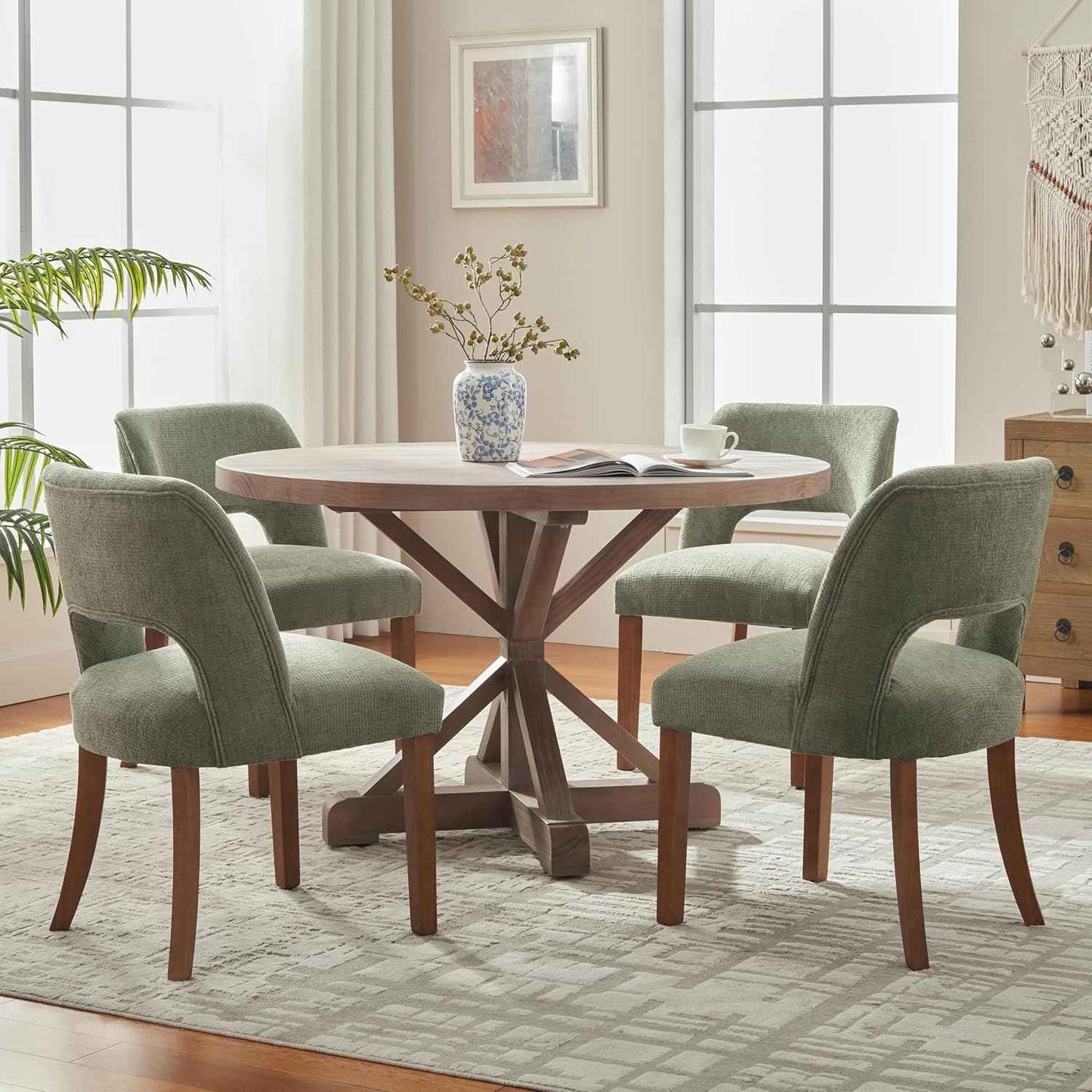 VKNOW Wooden Dining Chairs Set of 4, Modern Fabric Upholstered Dining Room Chair Kitchen Chairs, Farmhouse Dinner Chair for Kitchen Dining Room, Green