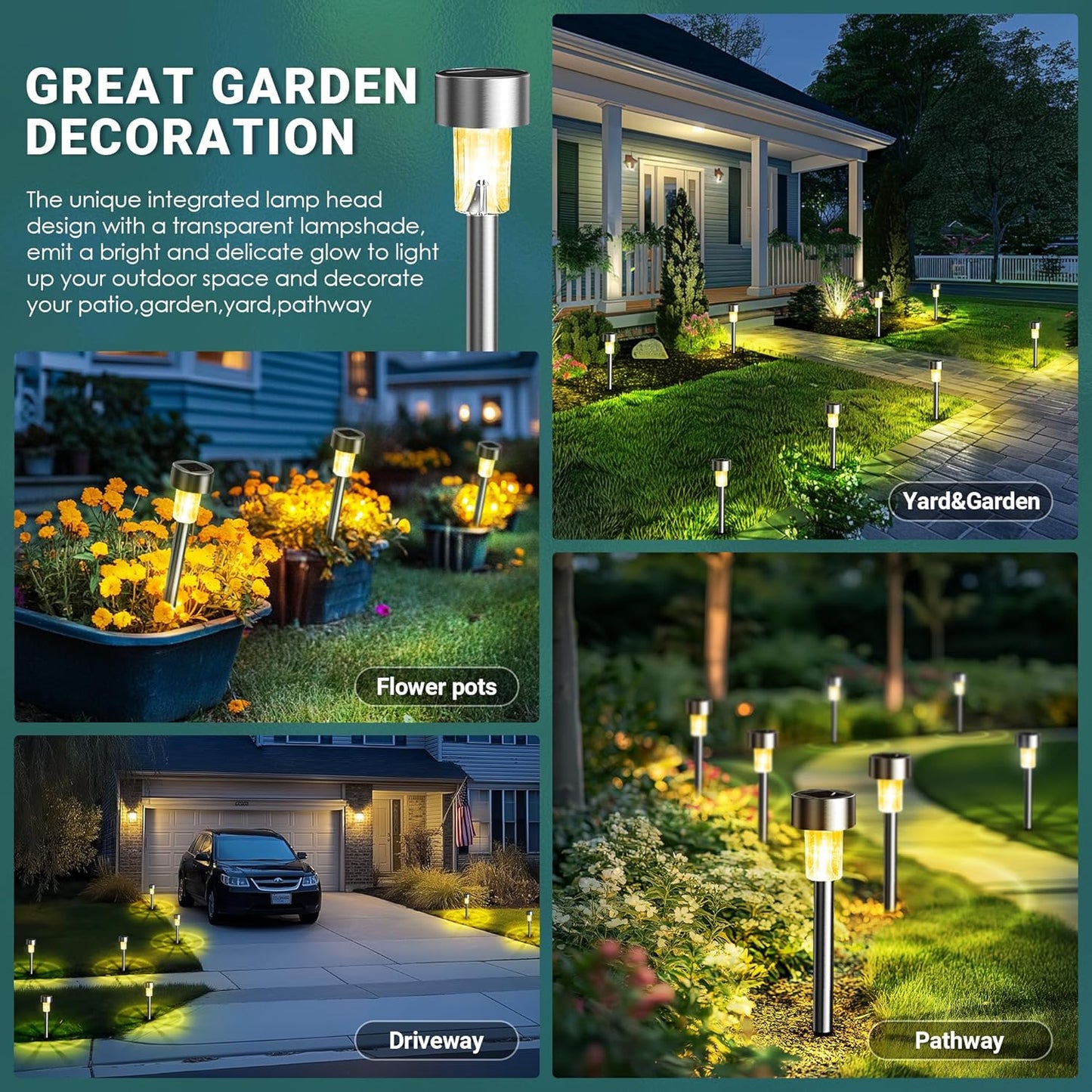 GIGALUMI Solar Lights Outdoor Waterproof, 20 Pack, Stainless Steel LED Solar Garden Lights for Patio, Lawn, Yard and Landscape, Garden Decor Patio Decor,Warm White