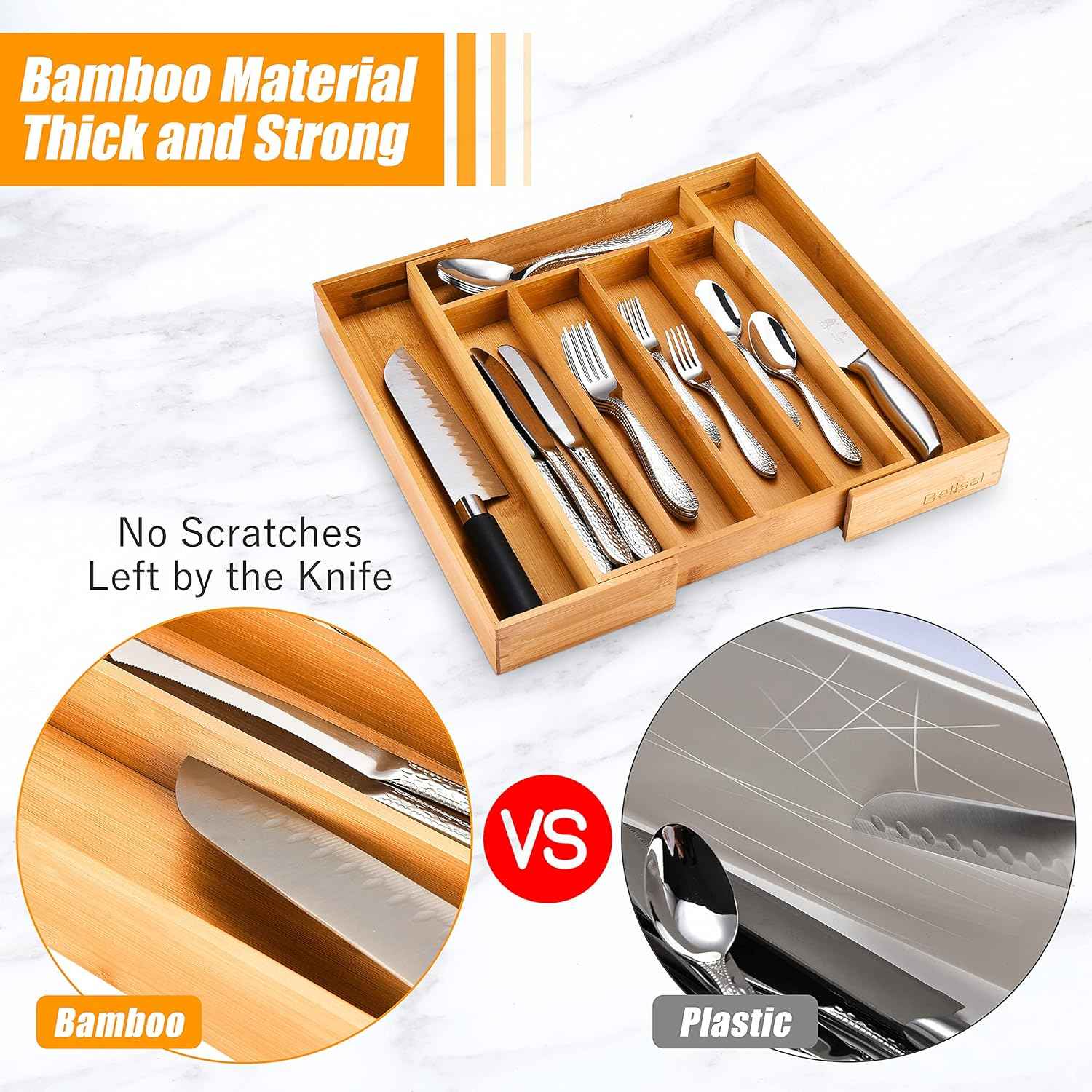 Bellsal Silverware Organizer Kitchen Drawer Organizer Expandable Bamboo Utensil Holder Cutlery Tray for Kitchen Utensil and Flatware Bedroom Office
