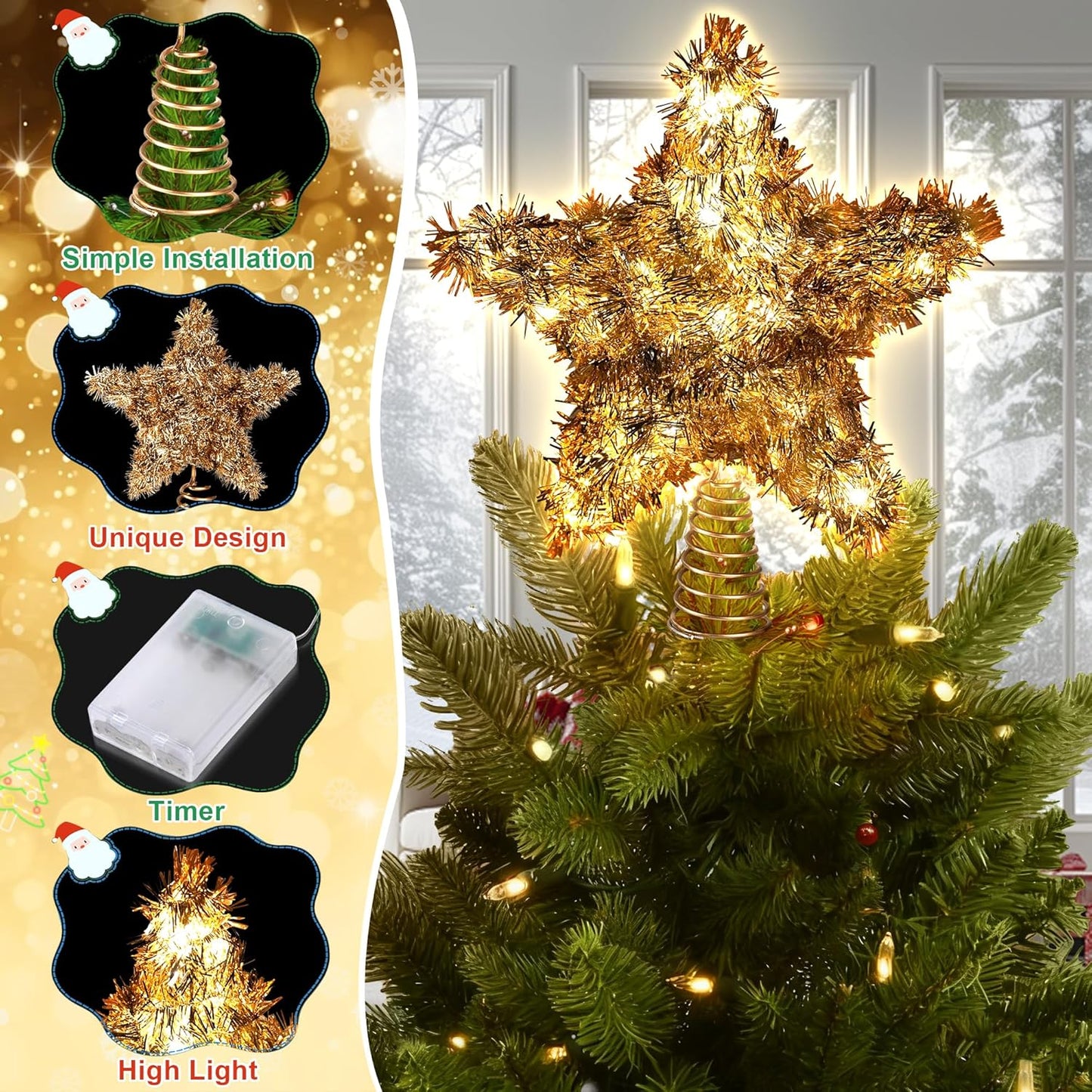 LAWOHO Christmas Tree Topper Star, Vintage Christmas Decor, 10 Inch Shiny Golden Christmas Tree Decoration with 6H Timer, 50 Warm LED Lights for Xmas Tree, Holiday & Party, Indoor Decor
