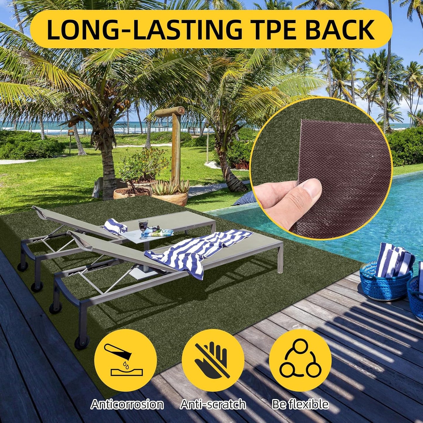 Marine Carpet,5 FT x 25 FT Olive Green Indoor Outdoor Carpet 0.2" Thick with Water-Proof TPE Backing, Non-Slide for Home, Patio, Porch, Deck