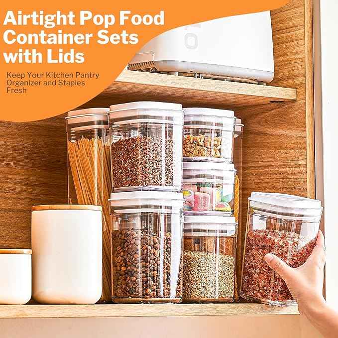 Pop Top Food Storage Container Set | 8Pcs Airtight Cereal Storage Organizer Canisters with Pop Lids, BPA-Free, Vacuum Seal & One-button Opening, Stackable Pantry Containers for Dry Food Storage