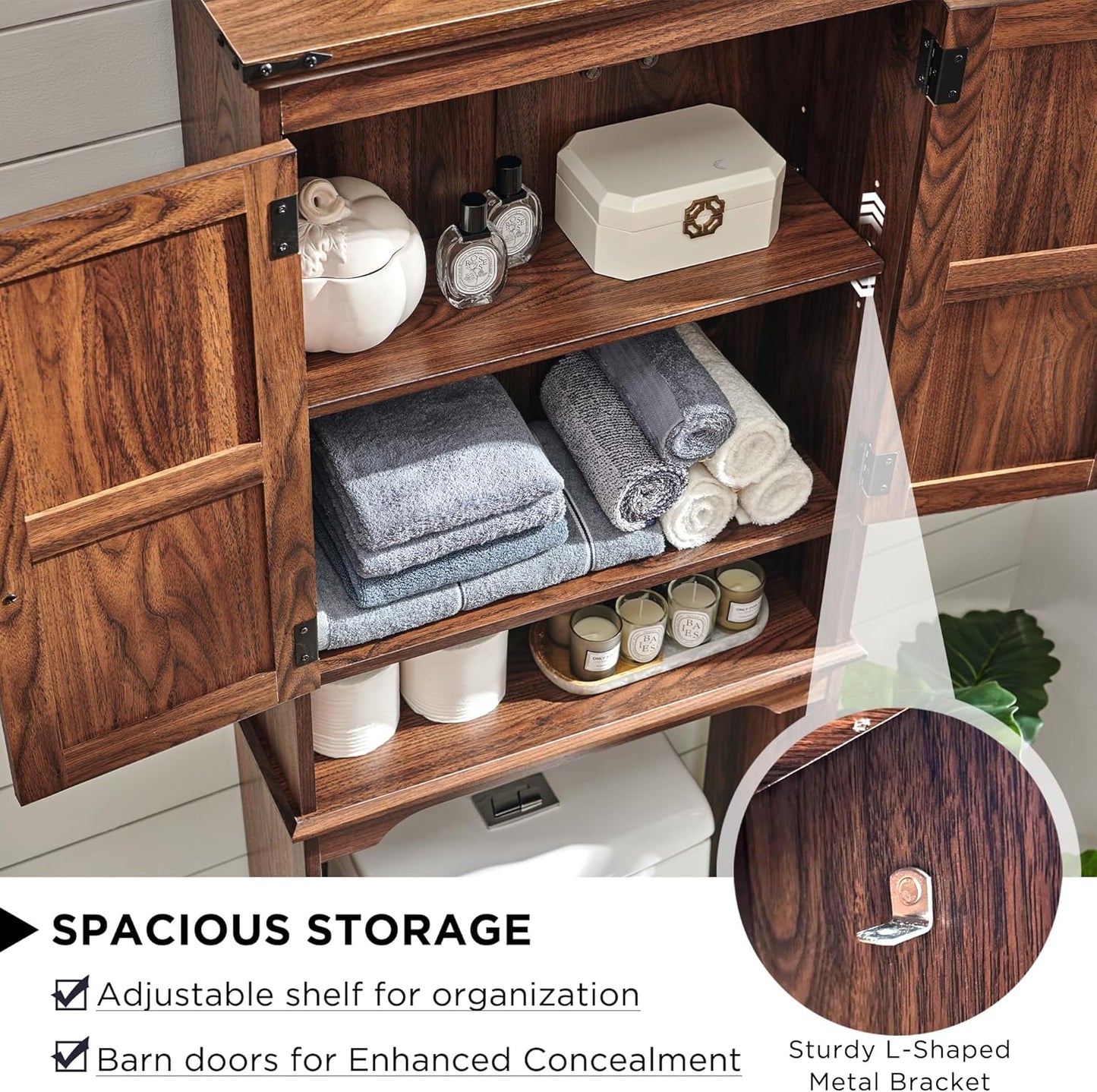 Over The Toilet Storage Cabinet, Farmhouse Bathroom Cabinet with Adjustable Shelf & Barn Door, 67" Tall Over The Toilet Shelf, Brown