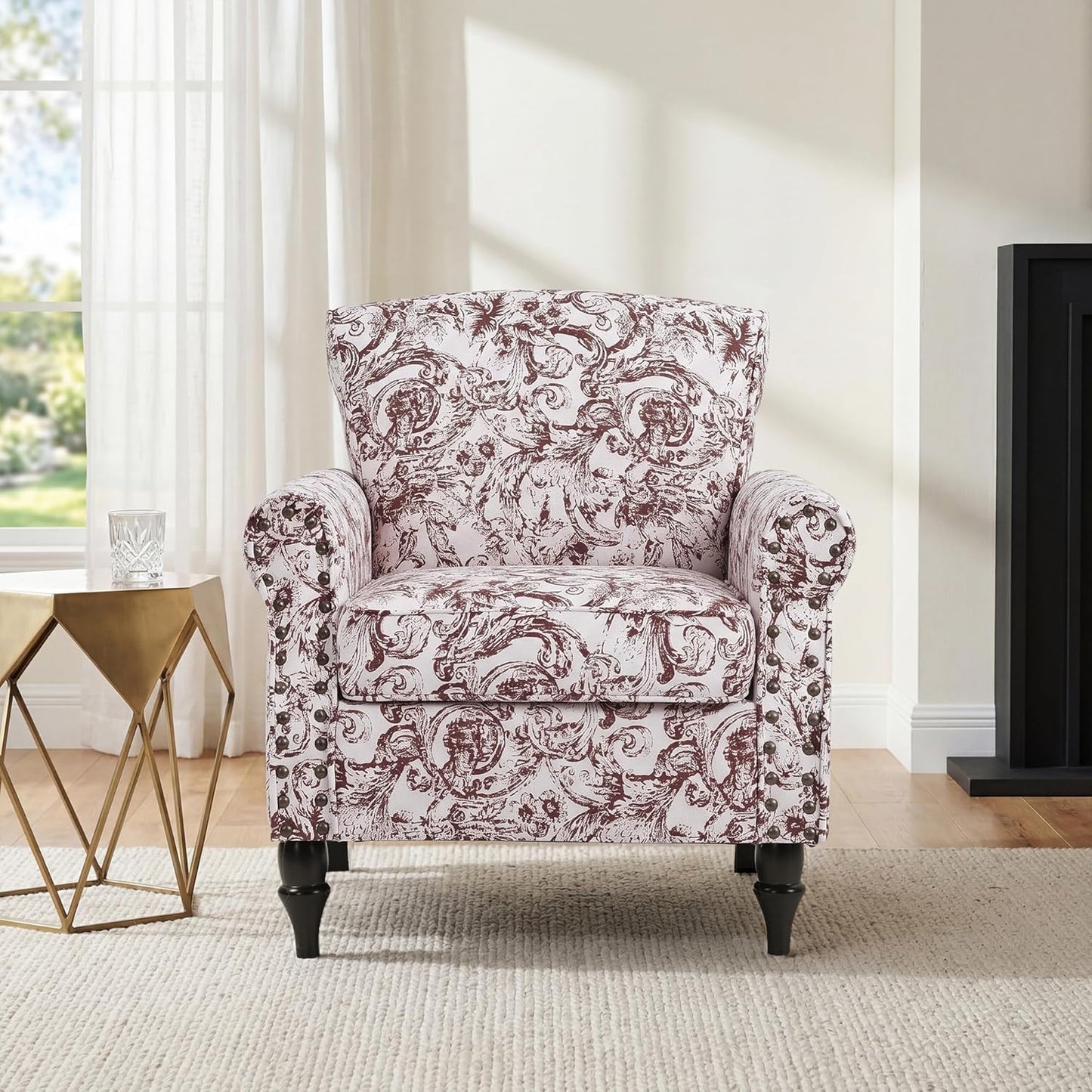 Accent Chair, Upholstered High Back Floral Armchair with Nailhead Trim & Wood Legs, Comfy Wingback Reading Single Sofa Chair for Small Spaces, Living Room, Bedroom (Rococo Black, Set of 1)