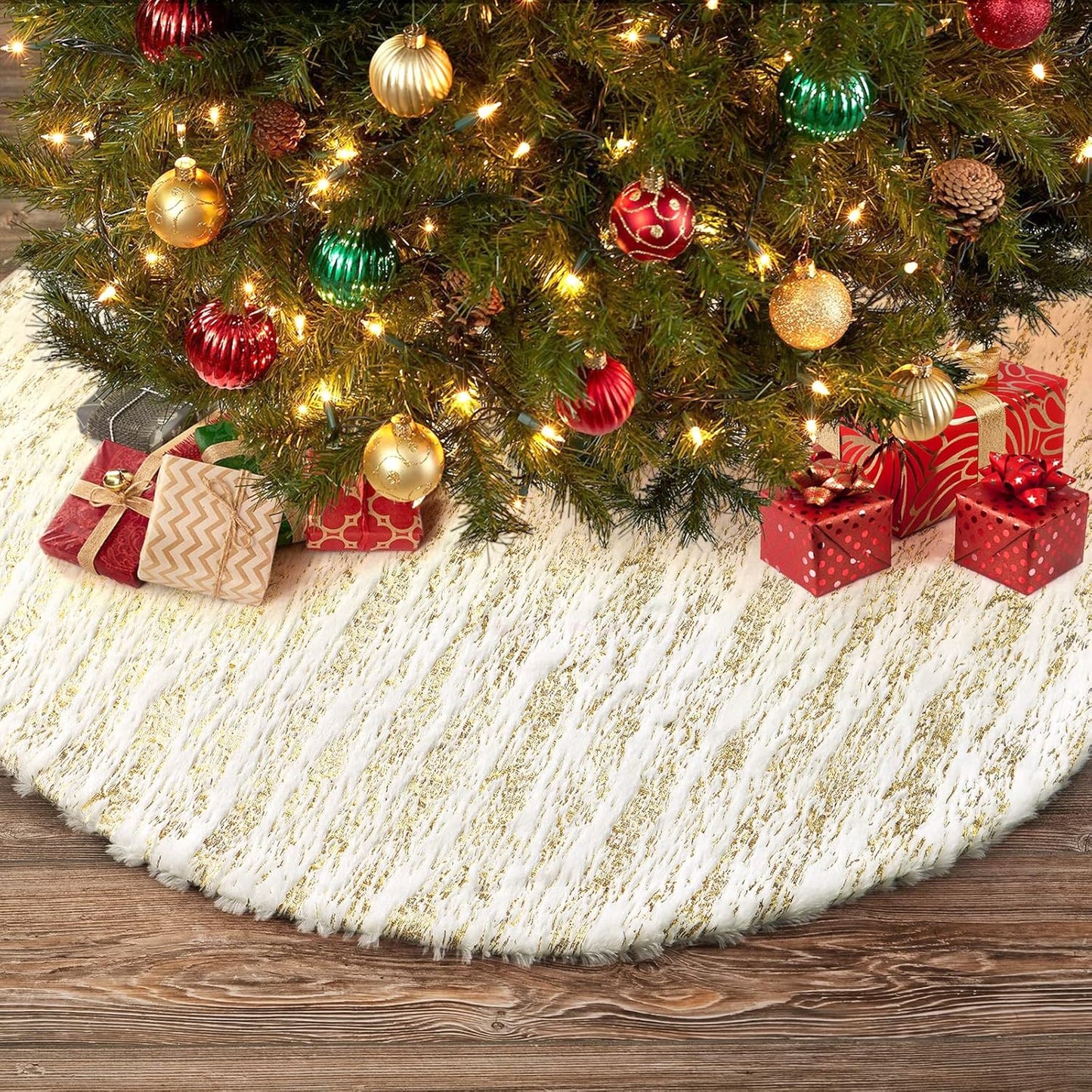 Christmas Tree Skirt, Large White&Gold Bronzing Luxury Faux Fur Tree Skirt Soft Thick Plush Xmas Tree Skirt for Family Holiday Christmas Party Tree Decorations(Gold,36inch/90cm)