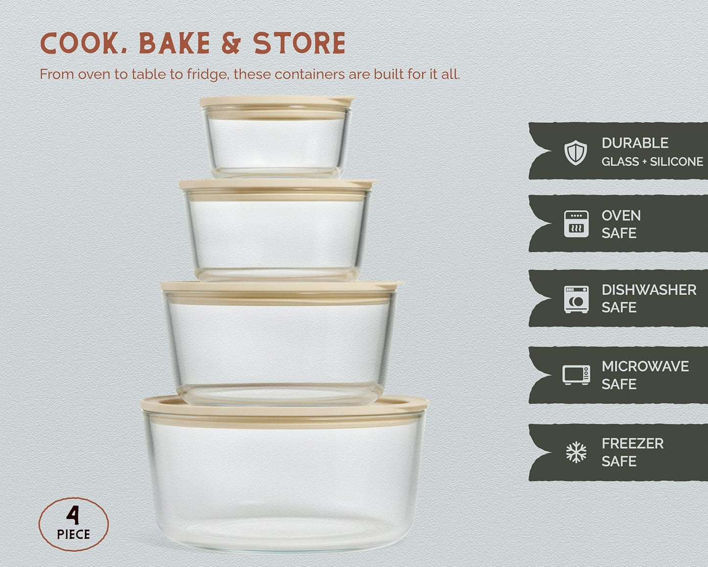 Vase and Vessel Non-Toxic Glass Storage Container Set, Borosilicate Glass, Tempered Glass Lids, Baking Pan, Airtight with Vents, Microwave, Oven & Dishwasher Safe (Circular, Set of 4)