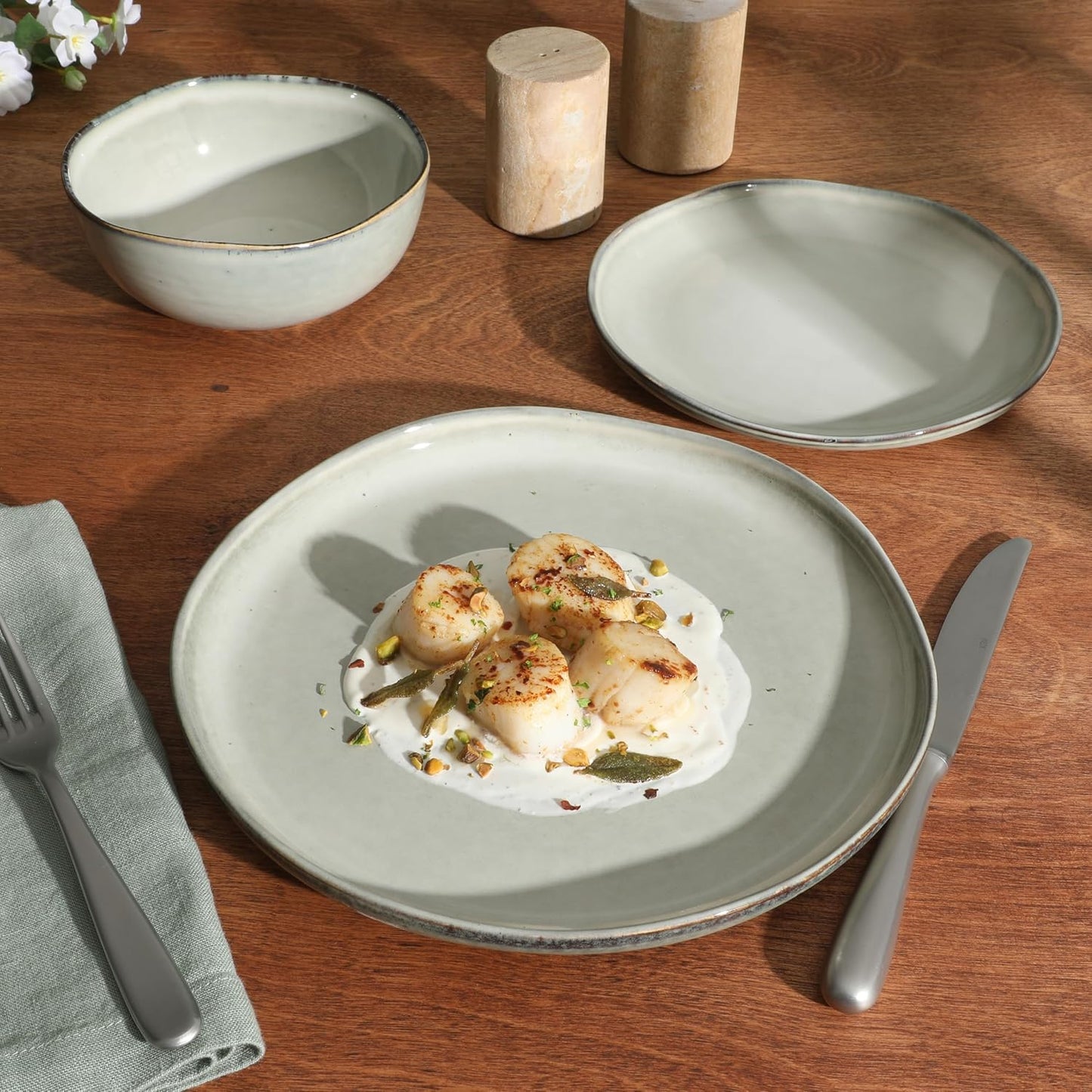 Gibson Elite Nardini 12 Piece (Service for 4) Plates and Bowls Reactive Glaze Dishes Stoneware Ceramic Dinnerware Set - Moon White