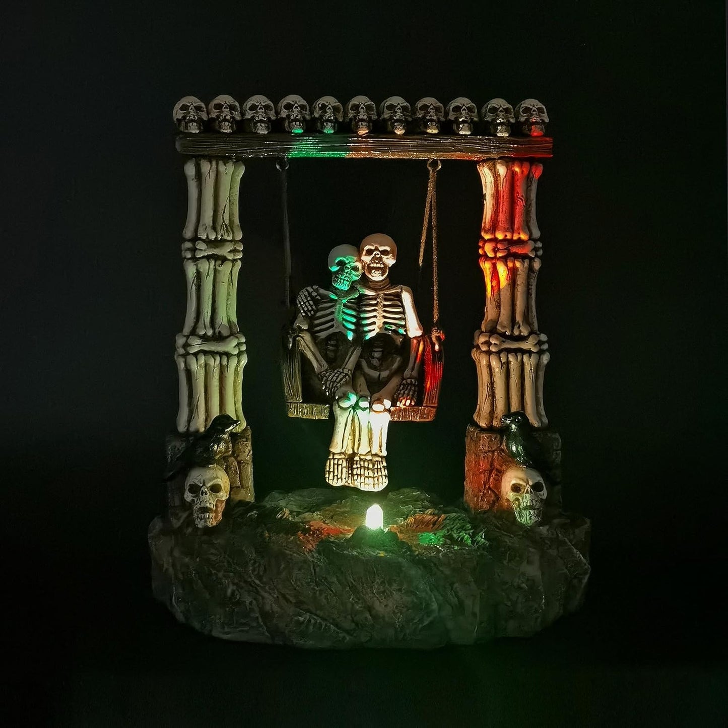 JORAE Swinging Skeleton Statue Couple on Light Up Color Changing LED Roman Pillars Skull Halloween Figurine Day of The Dead Collectible Home Decor, 6.7" H