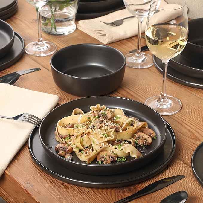 Gibson Elite Bayou Moon Plates and Bowls Sets, 16-Piece Black Matte Stoneware Dinnerware Sets, Solid Color Reactive Glaze Dish Set