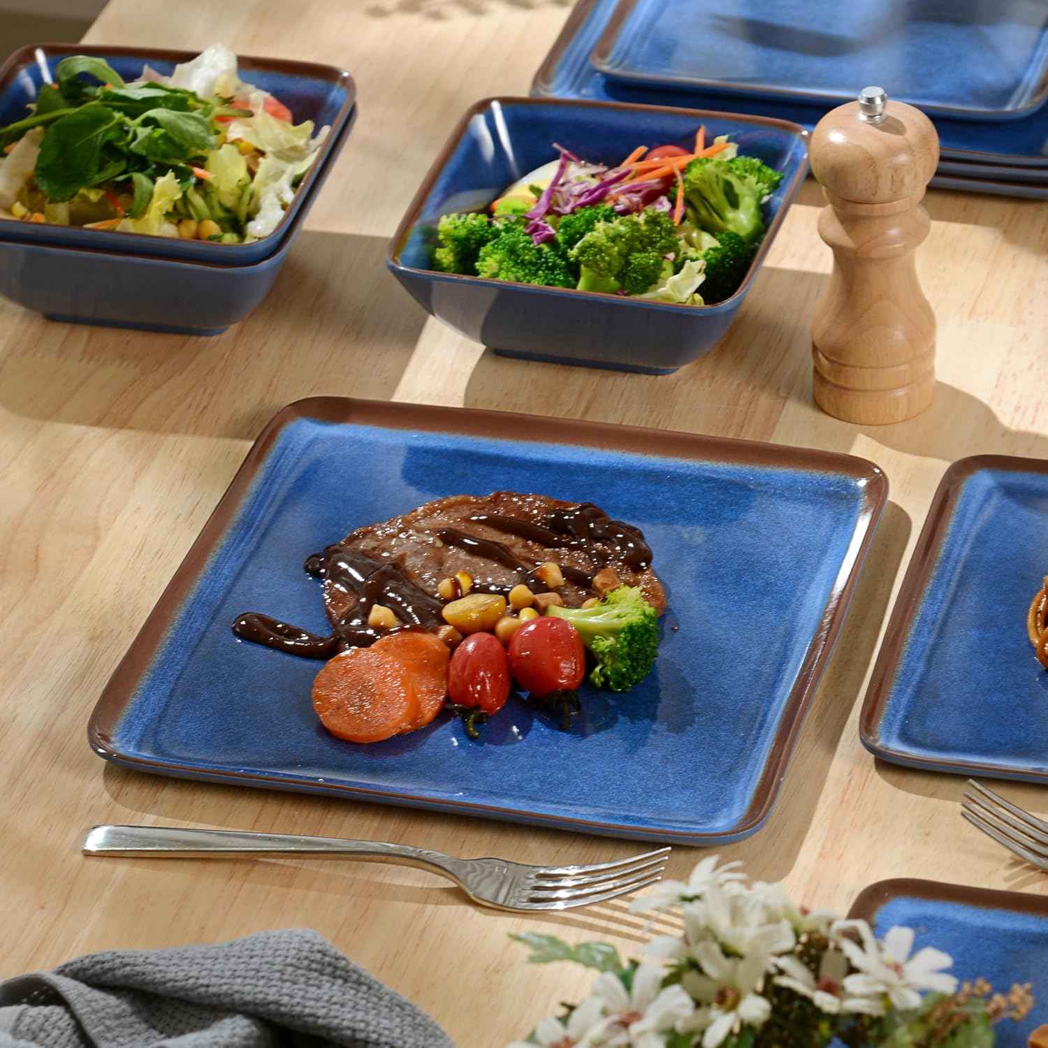 Melamine Dinnerware Sets, 12 Pcs Square Plates and Bowls Sets of 4, Unbreakable Dishes Set for Outdoor Use, Lightweight Dishware Set for Camping,Patio and RV, Dishwasher Safe, Navy Blue