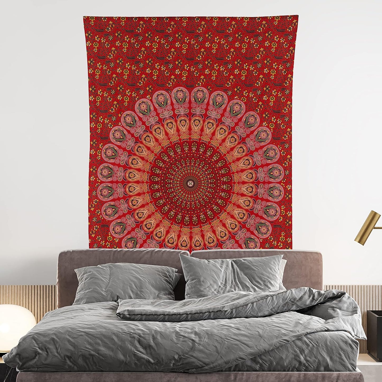 Bless International Handmade Indian hippie Bohemian Psychedelic Peacock Mandala Wall hanging College Dorm Beach Throws Table Cloth Bedding Tapestry (Golden Red, Medium(54x60Inches)(137x152cms))