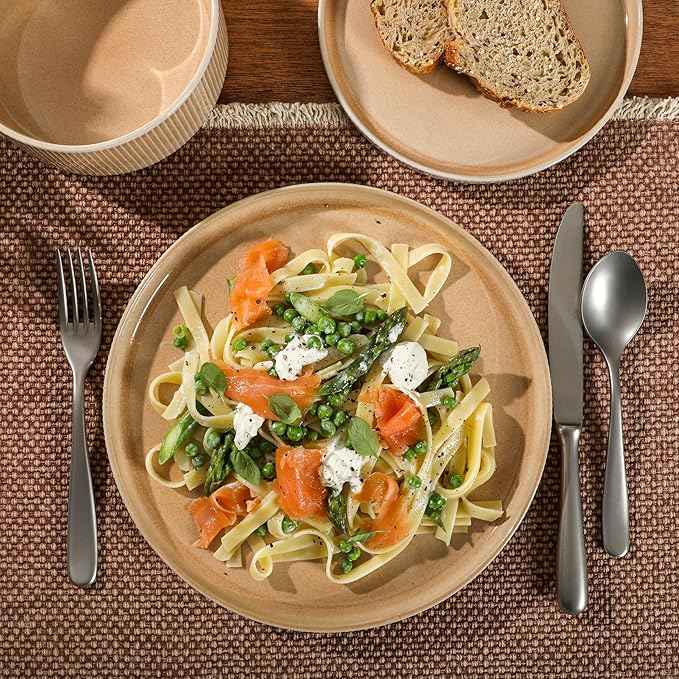 Gibson Elite Solana Coast 12 Piece Stoneware Reactive Glaze (Service for 4) Ceramic Plates and Bowls Modern Shape Embossed Dinnerware Set - Terracotta Orange
