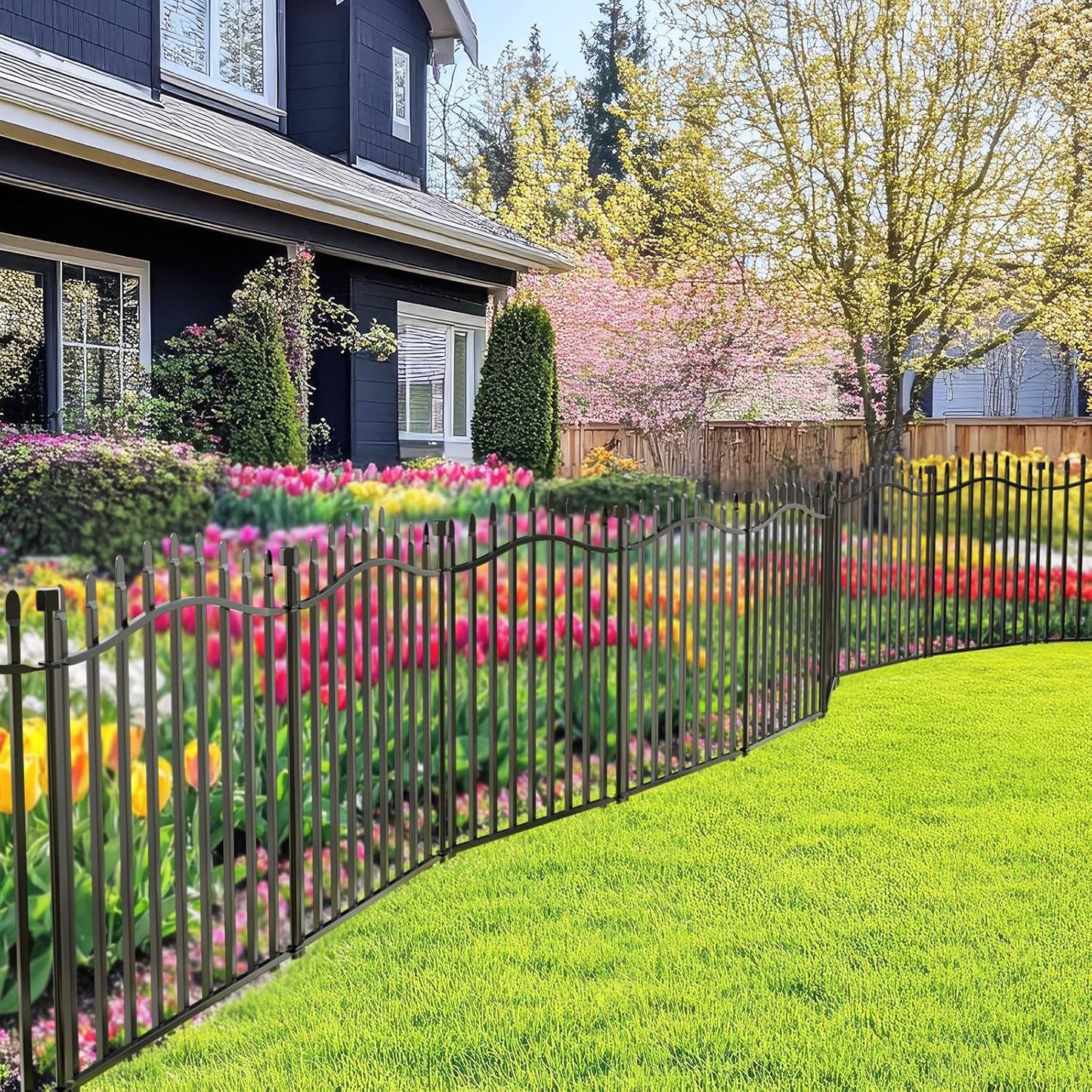 10 Panels No Dig Decorative Garden Fence - 32in H x 22.5ft L, Tall Heavy-Duty Square Tube Animal Barrier, Rustproof Metal Border Fencing for Yard, Outdoor Dog Playpen & Flower Beds