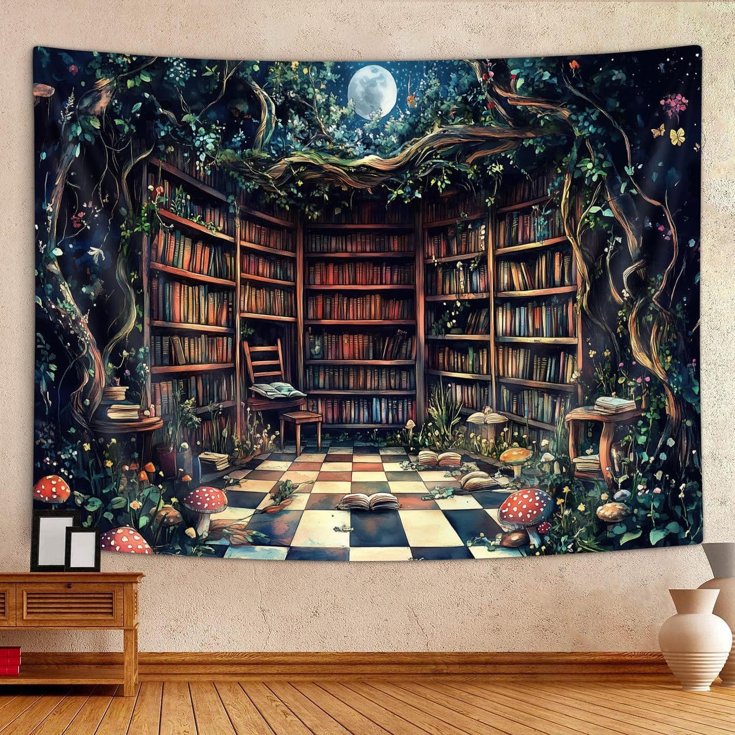 Magical Forest Tapestry, Fairytale Tree Magic Bookshelf Aesthetic Tapestries for Classroom, Witchy Fairy Tree Mysterious Vintage Bookshelf Book Art Tapestry Wall Hanging College Room Bedroom, 60X40