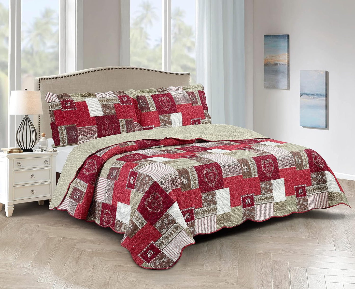 Brilliant Sunshine Burgundy Heart Love, Floral and Lace Patchwork, 3-Piece Quilt Set with 2 Shams, Reversible Bedspread, Soft Lightweight Coverlet, All-Season, King, Burgundy