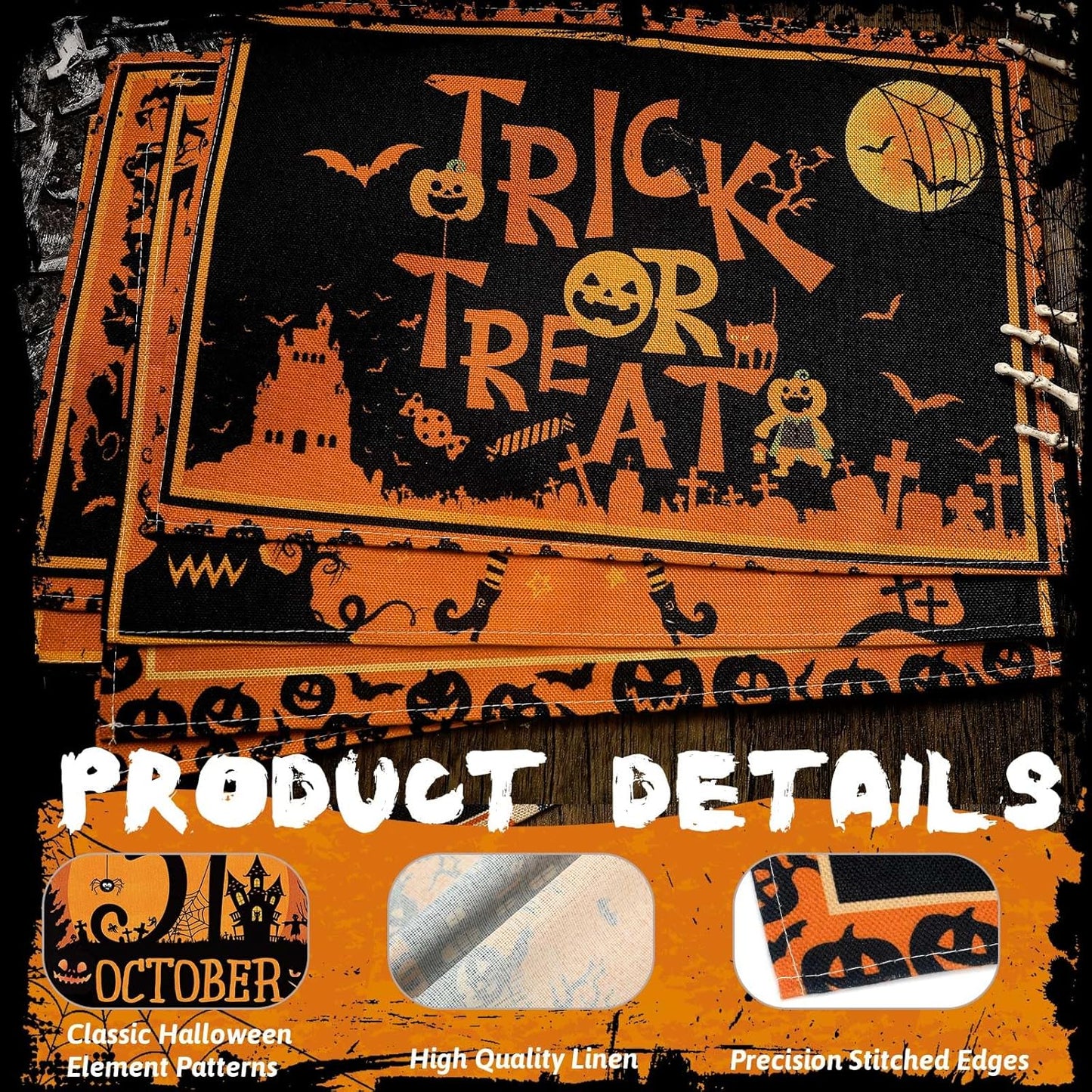 Umigy 6 Pcs Halloween Placemats 12"x18" Gothic Bat Placemats Kitchen Decoration Washable Witch Place Mats Rectangle Skull Table Mats for Halloween Dining Table Accessories(Black Orange Style)