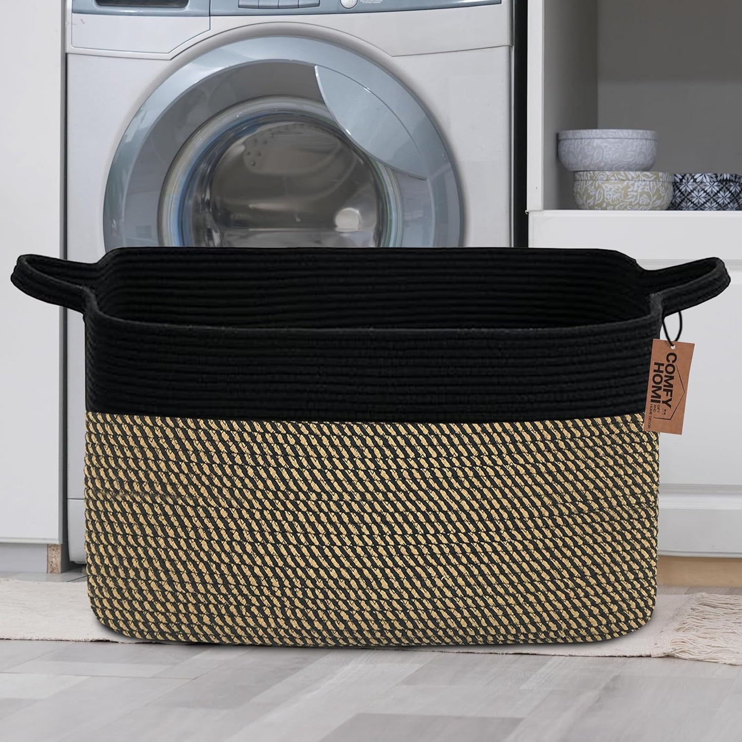 COMFY-HOMI Large Rectangular Blanket, Cotton Rope Woven for Storage, LaundryHamper, Storage,Toy Organizing Bin with Handle, Organizer and Storage-22x15x12-Black/Jute